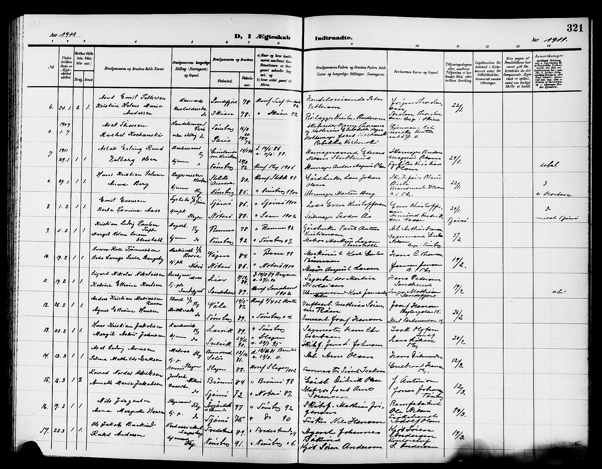 Tønsberg kirkebøker, AV/SAKO-A-330/G/Ga/L0008: Parish register (copy) no. 8, 1905-1912, p. 321