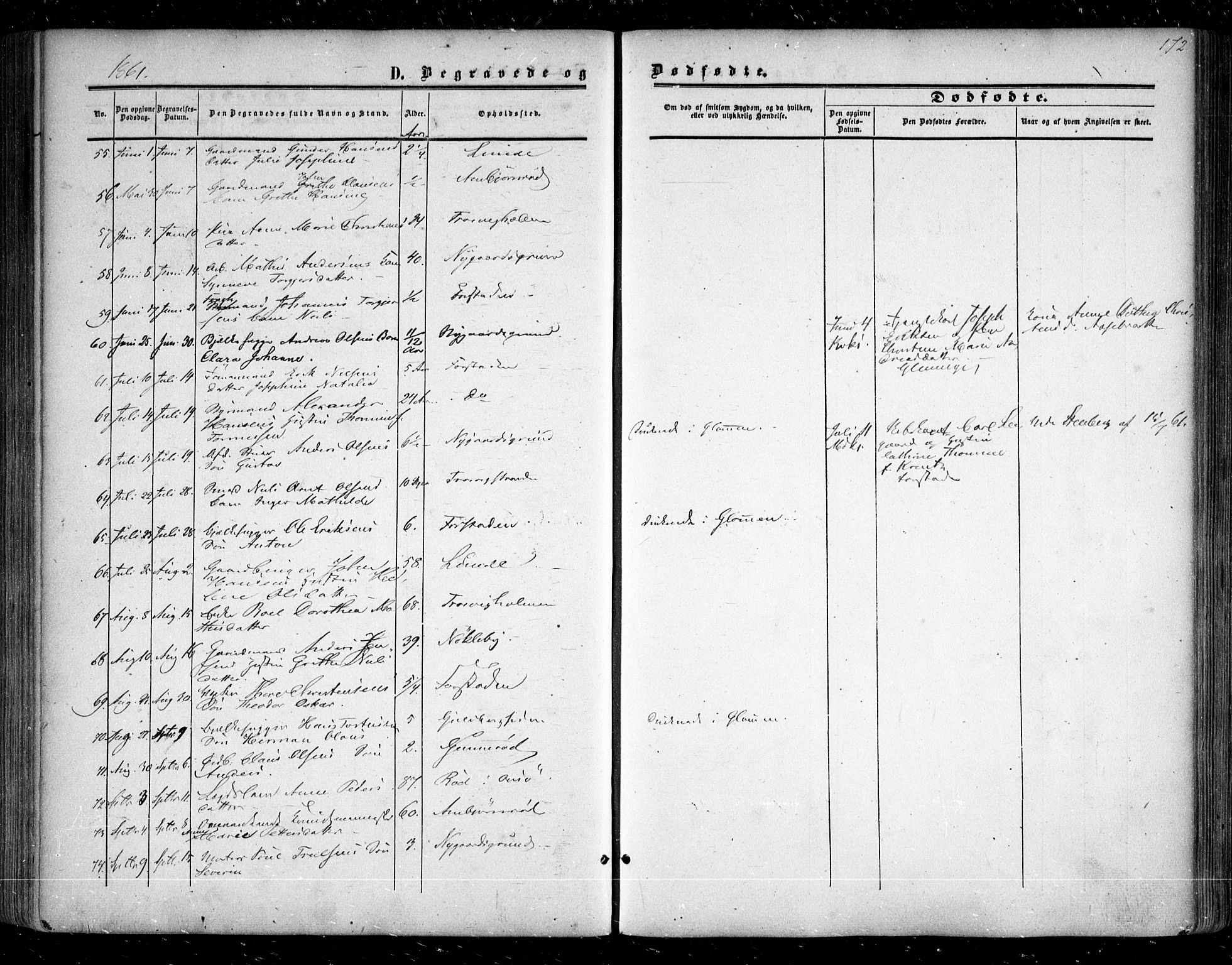 Glemmen prestekontor Kirkebøker, AV/SAO-A-10908/F/Fa/L0007: Parish register (official) no. 7, 1853-1862, p. 172