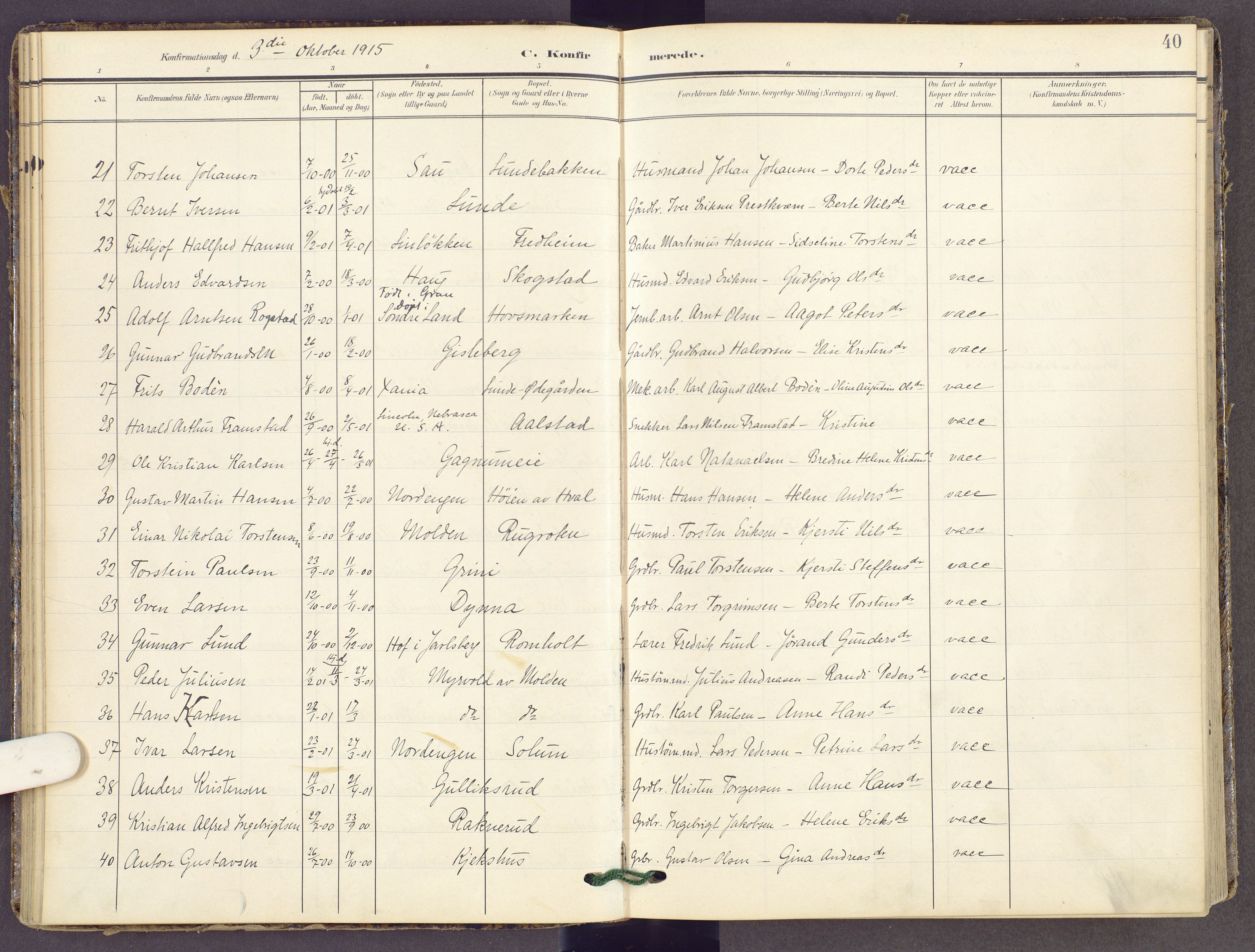 Gran prestekontor, SAH/PREST-112/H/Ha/Haa/L0022: Parish register (official) no. 22, 1908-1918, p. 40
