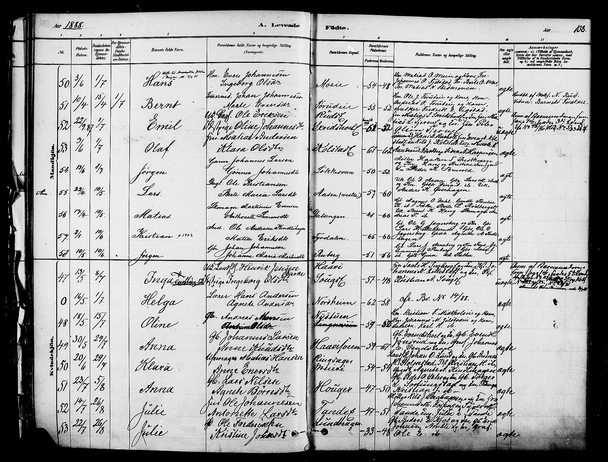 Ringsaker prestekontor, SAH/PREST-014/K/Ka/L0012: Parish register (official) no. 12, 1879-1890, p. 108