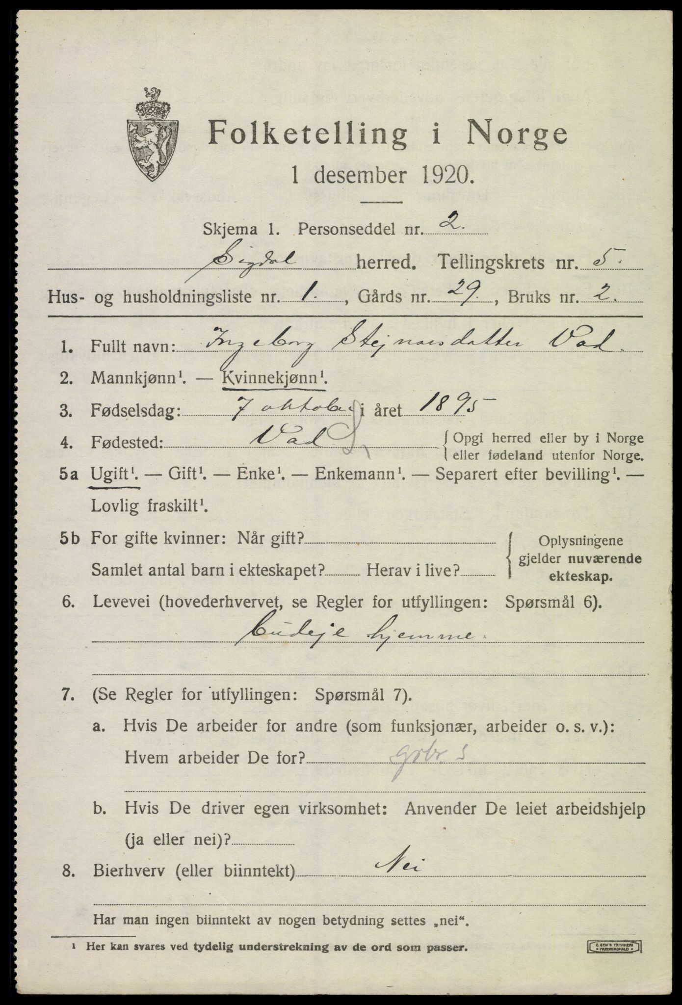 SAKO, 1920 census for Sigdal, 1920, p. 3788