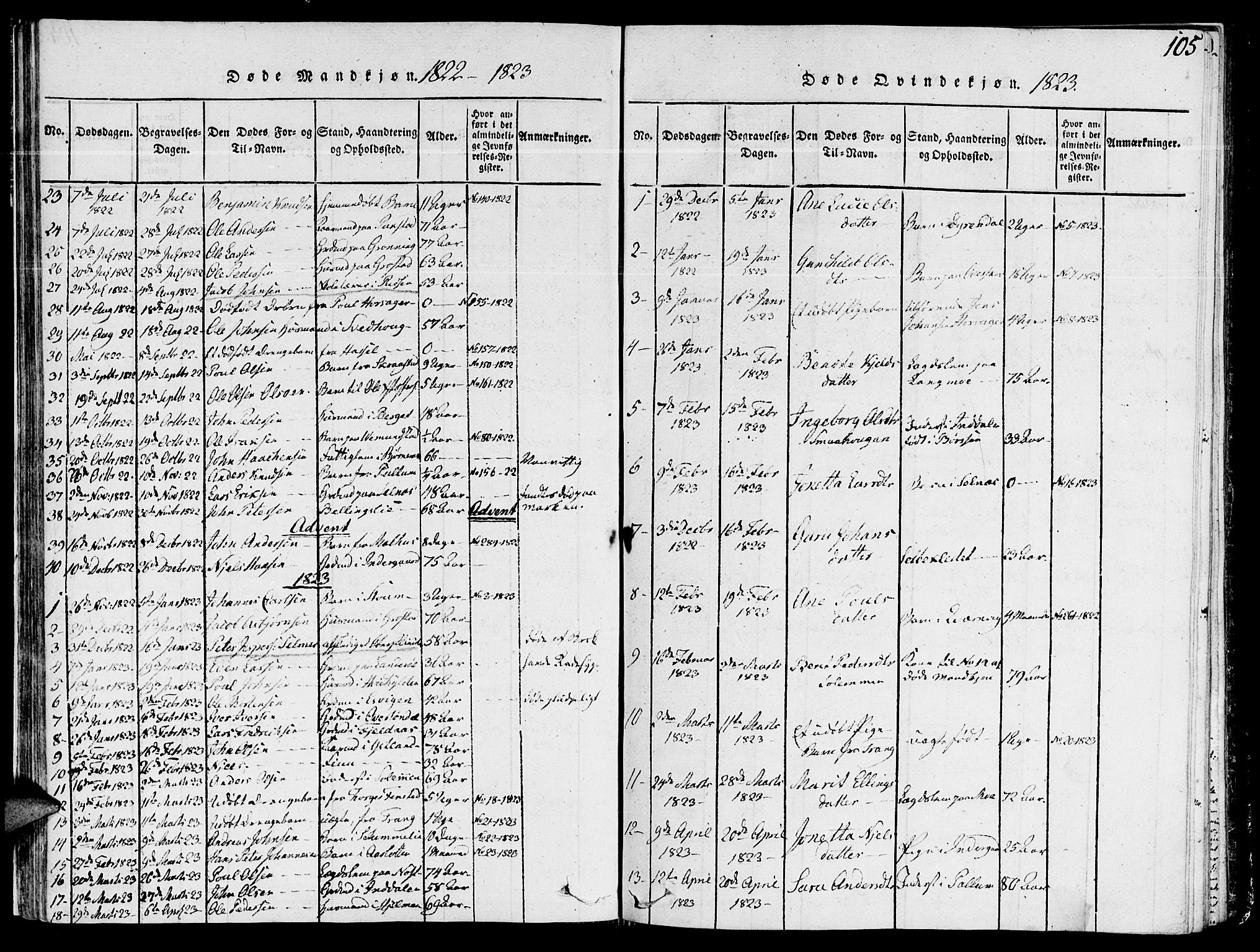 Ministerialprotokoller, klokkerbøker og fødselsregistre - Sør-Trøndelag, SAT/A-1456/646/L0608: Parish register (official) no. 646A06, 1816-1825, p. 105