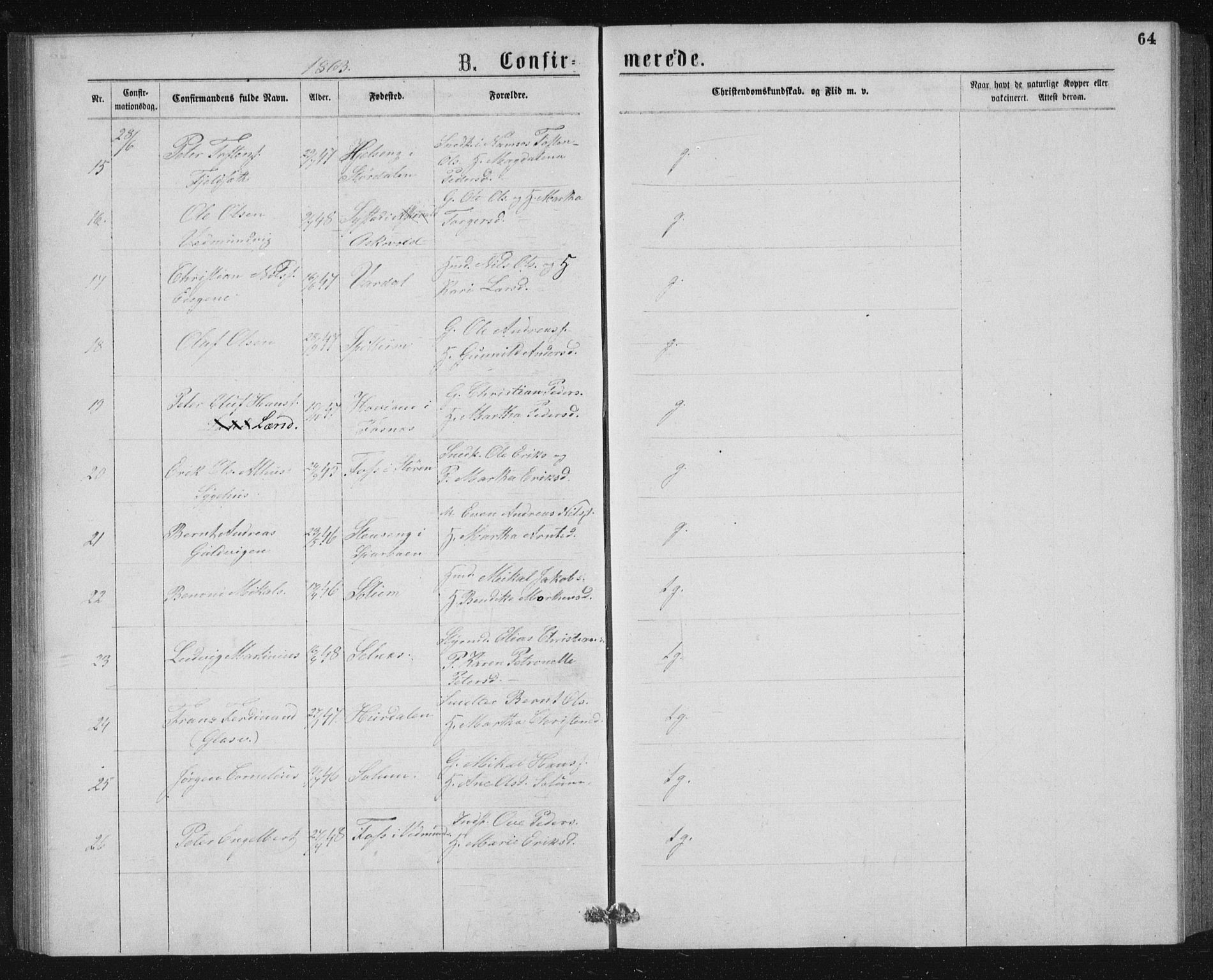 Ministerialprotokoller, klokkerbøker og fødselsregistre - Nord-Trøndelag, AV/SAT-A-1458/768/L0567: Parish register (official) no. 768A02, 1837-1865, p. 64