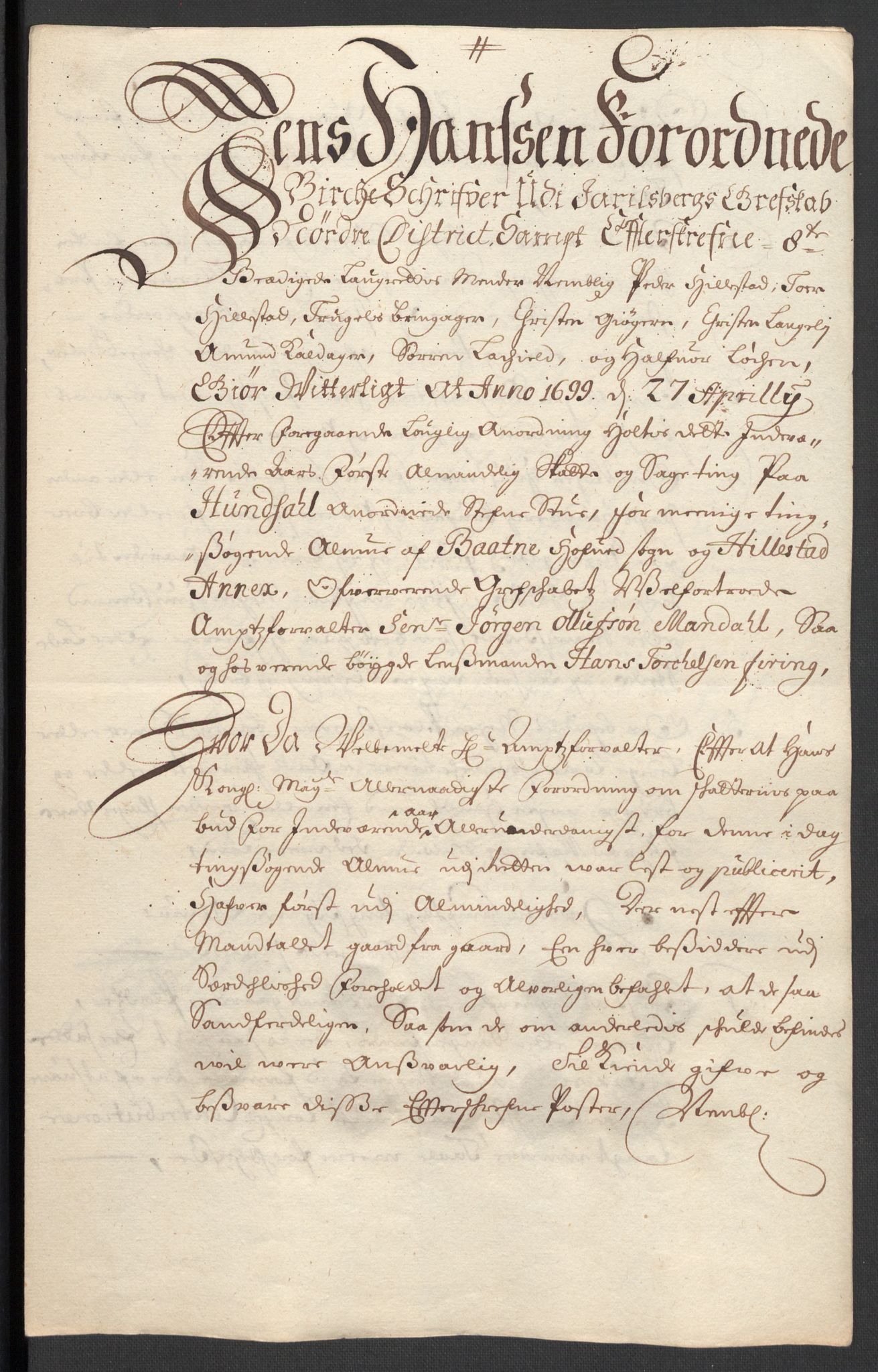 Rentekammeret inntil 1814, Reviderte regnskaper, Fogderegnskap, AV/RA-EA-4092/R32/L1868: Fogderegnskap Jarlsberg grevskap, 1697-1699, p. 284