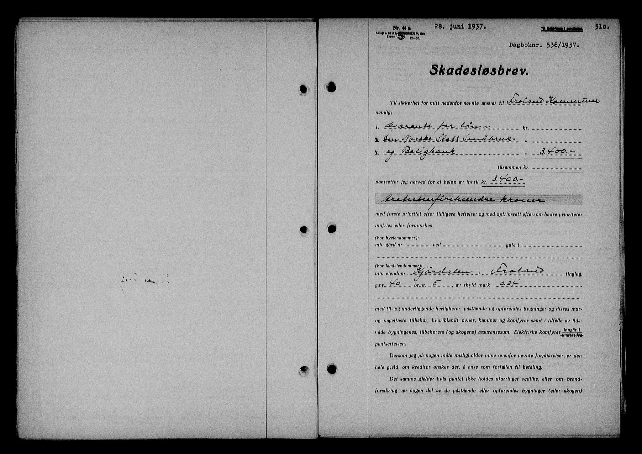 Nedenes sorenskriveri, SAK/1221-0006/G/Gb/Gba/L0043: Mortgage book no. 39, 1936-1937, Diary no: : 536/1937