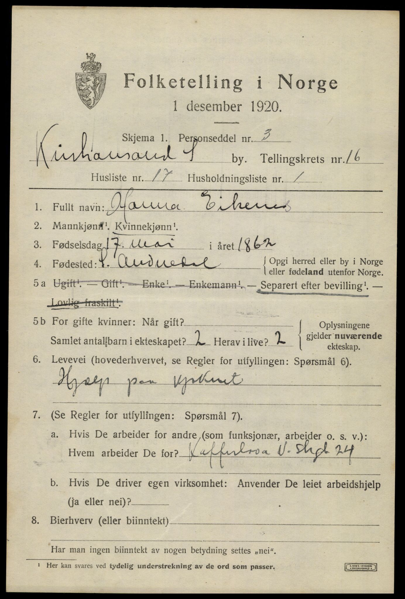 SAK, 1920 census for Kristiansand, 1920, p. 31791