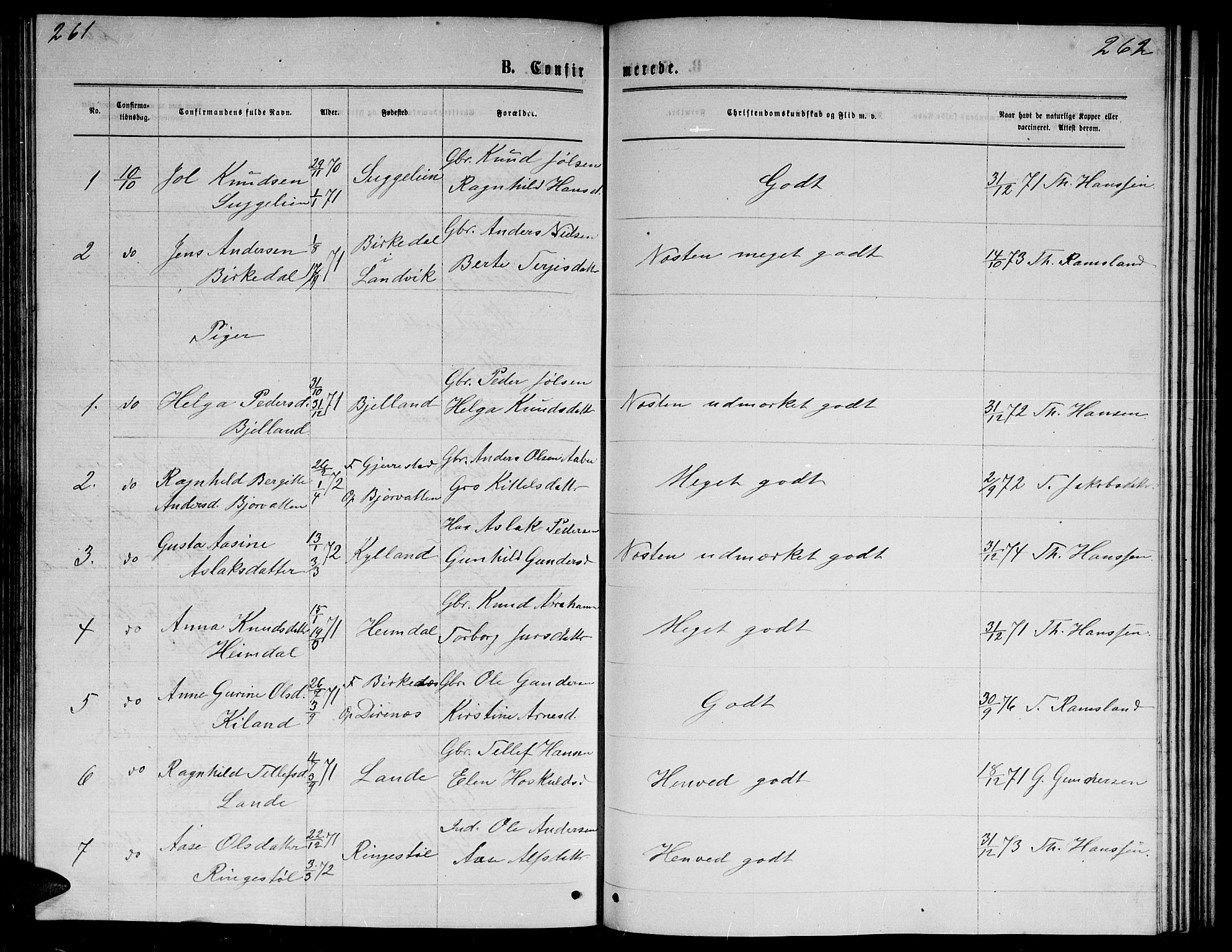 Herefoss sokneprestkontor, SAK/1111-0019/F/Fb/Fba/L0002: Parish register (copy) no. B 2, 1868-1886, p. 261-262