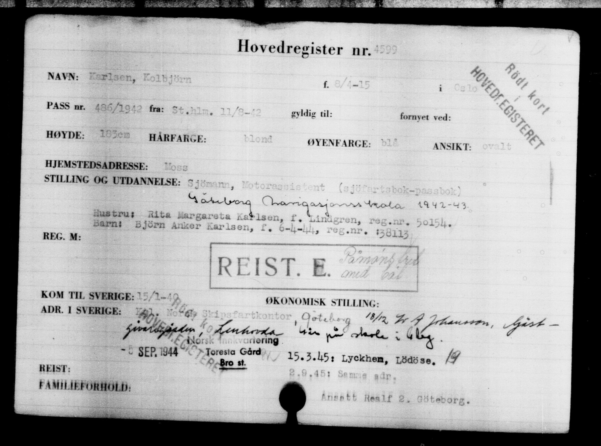 Utenriksstasjonene, Legasjonen i Stockholm, Flyktningkontoret, AV/RA-S-6753/V/Va/L0004: Kjesäterkartoteket, flyktninger med registreringsnr. 3496-6610, 1940-1945, p. 1308