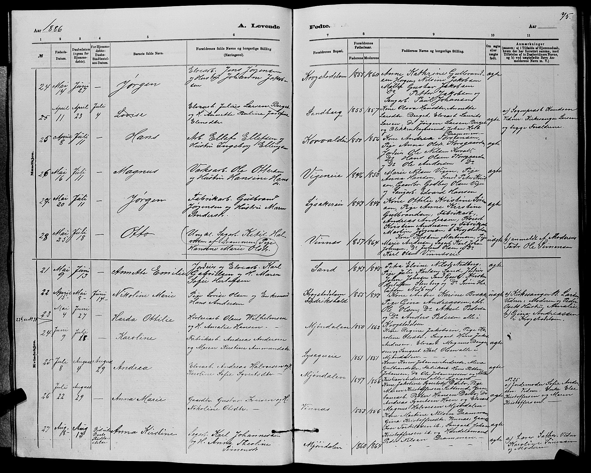 Nedre Eiker kirkebøker, AV/SAKO-A-612/G/Ga/L0002: Parish register (copy) no. 2, 1880-1896, p. 75