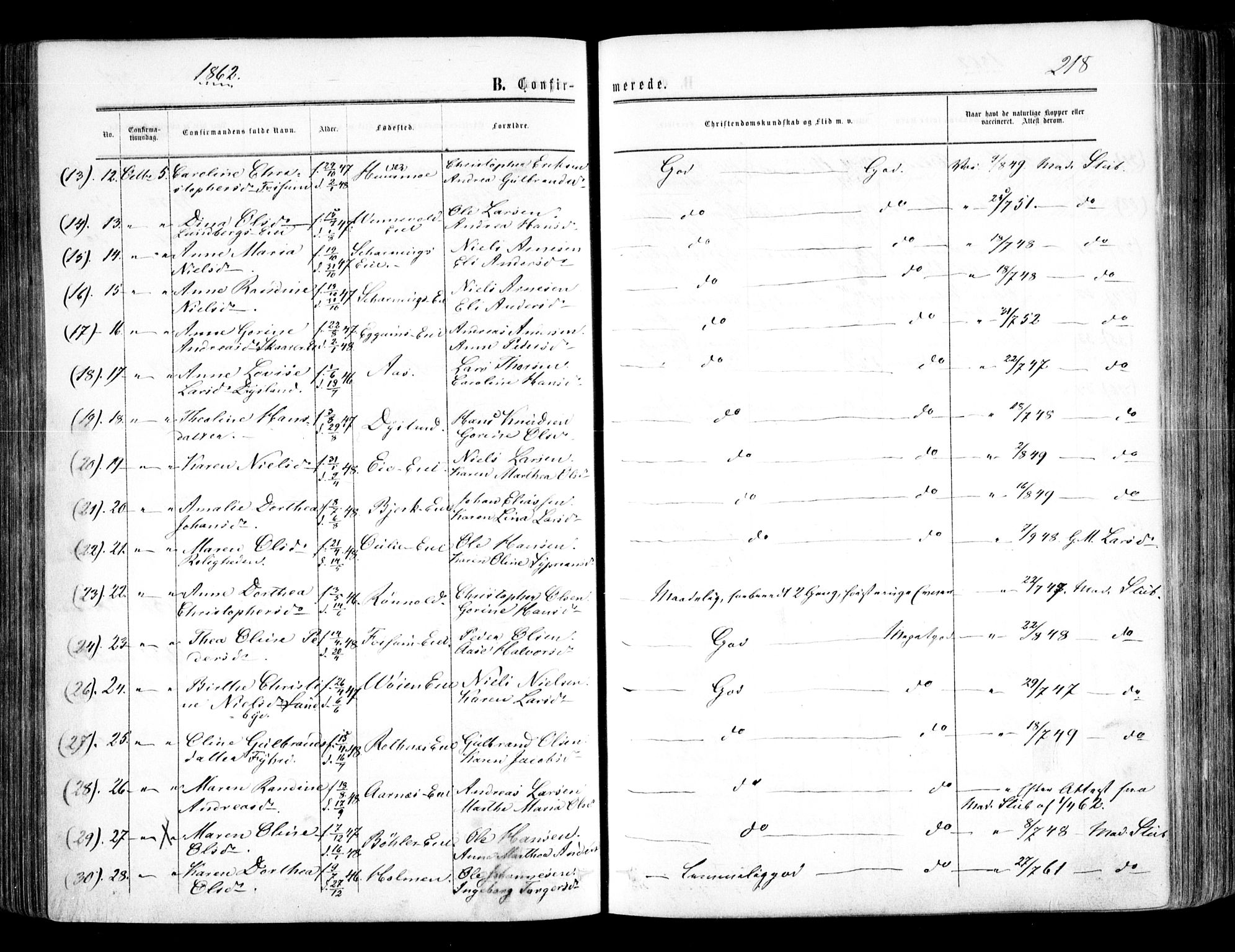 Nes prestekontor Kirkebøker, AV/SAO-A-10410/F/Fa/L0008: Parish register (official) no. I 8, 1859-1874, p. 218