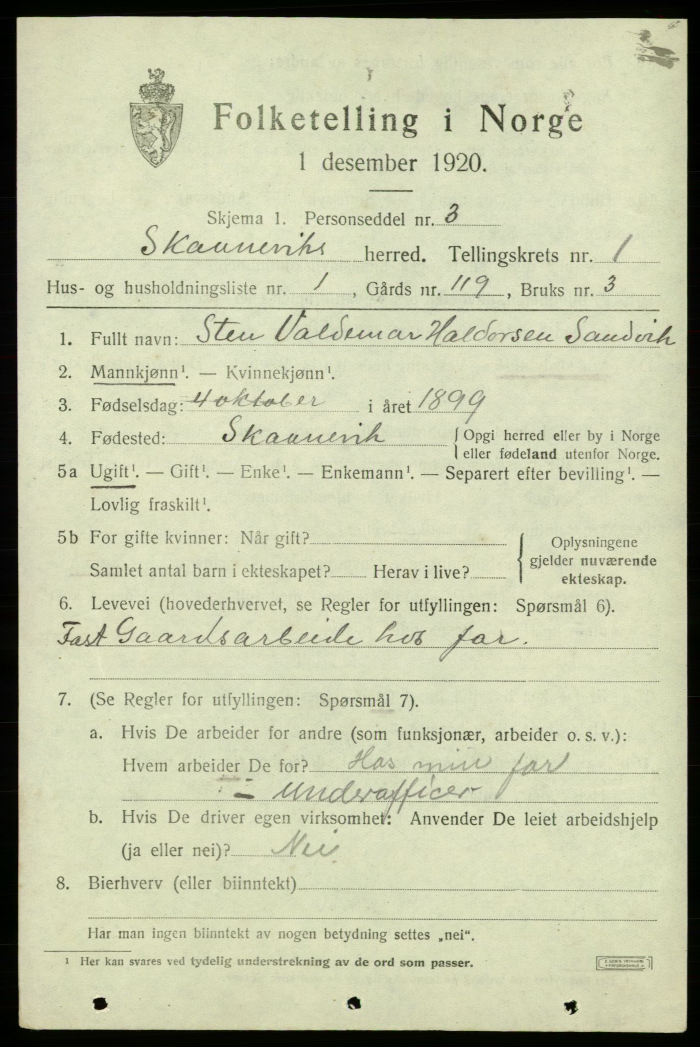 SAB, 1920 census for Skånevik, 1920, p. 2285