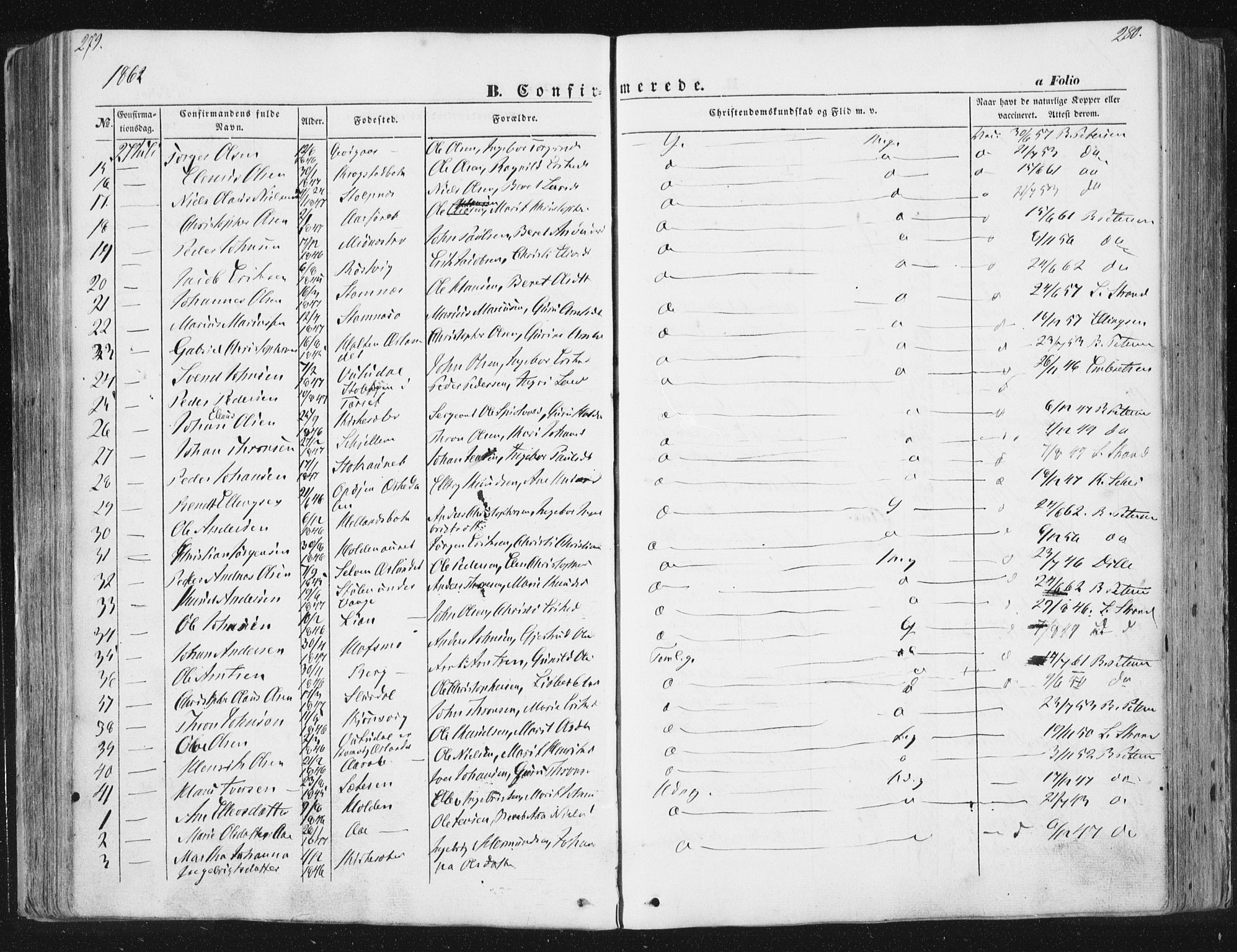 Ministerialprotokoller, klokkerbøker og fødselsregistre - Sør-Trøndelag, SAT/A-1456/630/L0494: Parish register (official) no. 630A07, 1852-1868, p. 279-280