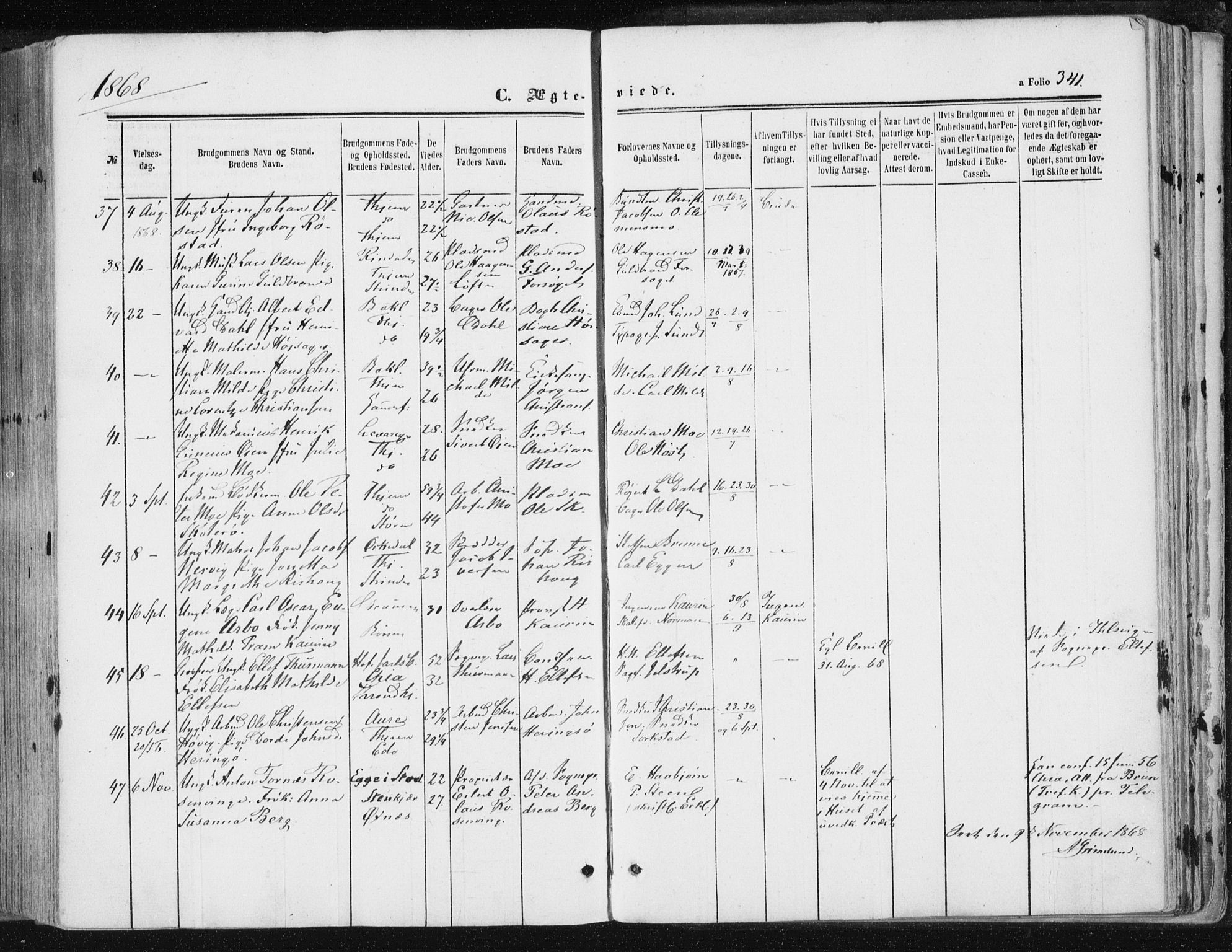 Ministerialprotokoller, klokkerbøker og fødselsregistre - Sør-Trøndelag, SAT/A-1456/602/L0115: Parish register (official) no. 602A13, 1860-1872, p. 341