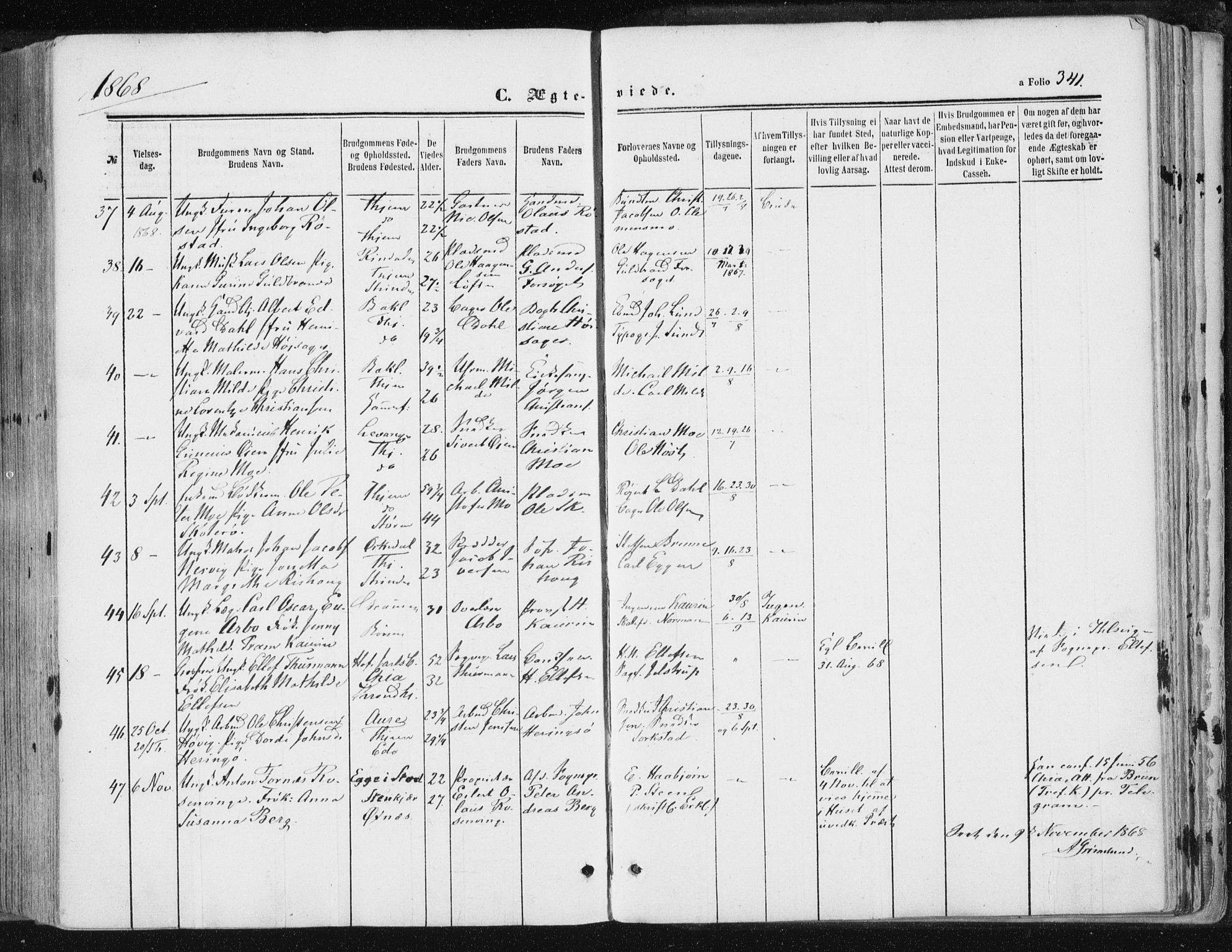 Ministerialprotokoller, klokkerbøker og fødselsregistre - Sør-Trøndelag, AV/SAT-A-1456/602/L0115: Parish register (official) no. 602A13, 1860-1872, p. 341