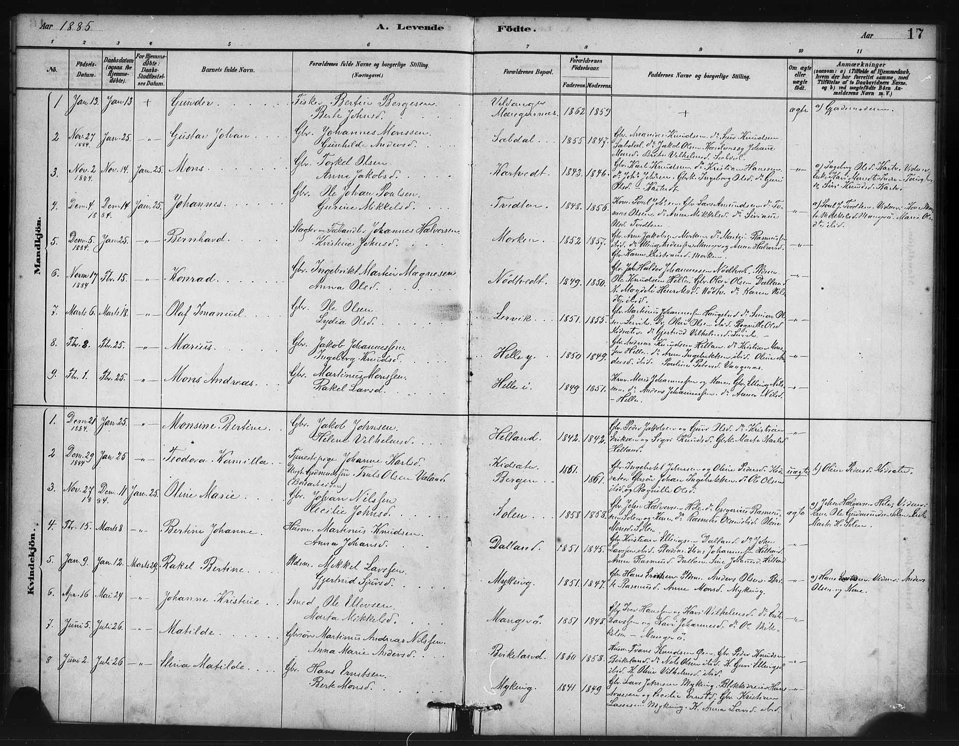 Manger sokneprestembete, SAB/A-76801/H/Haa: Parish register (official) no. B 1, 1881-1892, p. 17
