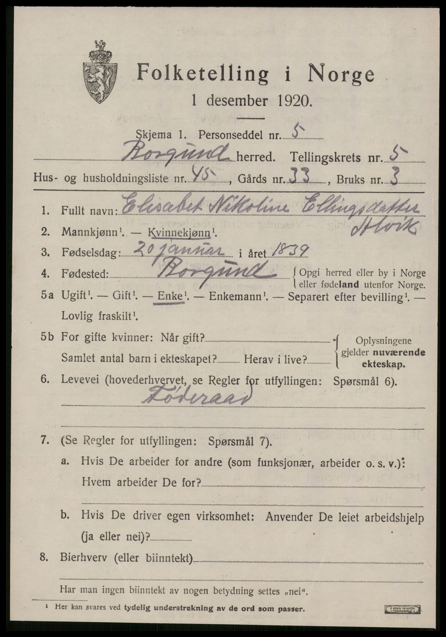 SAT, 1920 census for Borgund, 1920, p. 5106