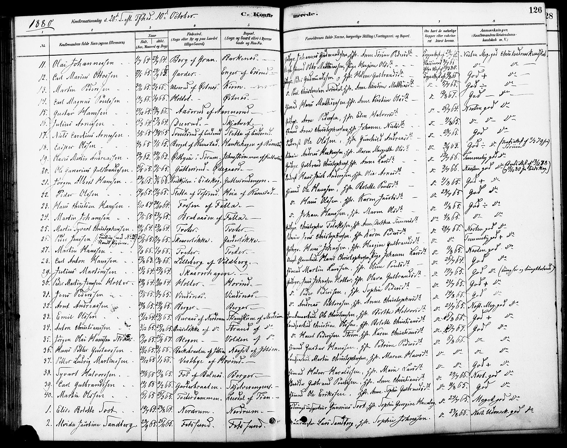 Fet prestekontor Kirkebøker, SAO/A-10370a/F/Fa/L0014: Parish register (official) no. I 14, 1878-1891, p. 126