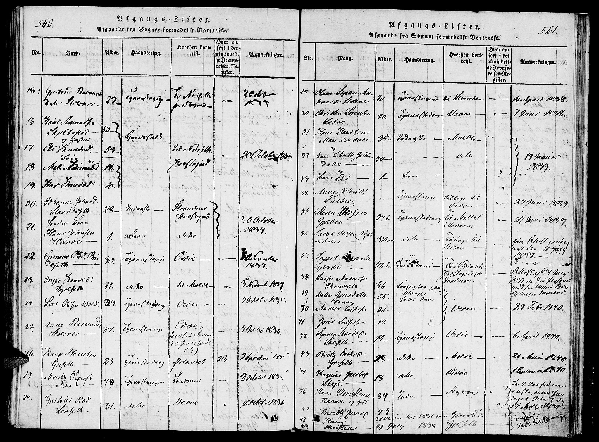 Ministerialprotokoller, klokkerbøker og fødselsregistre - Møre og Romsdal, SAT/A-1454/543/L0561: Parish register (official) no. 543A01, 1818-1853, p. 560-561
