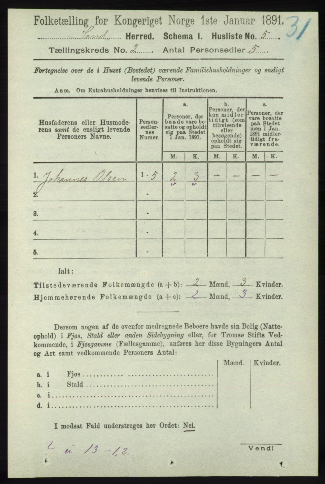 RA, 1891 census for 1136 Sand, 1891, p. 288