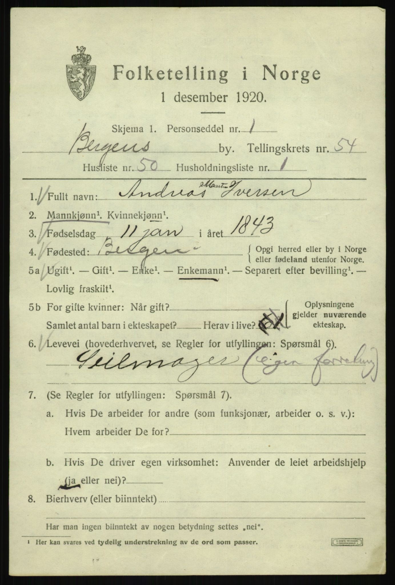 SAB, 1920 census for Bergen, 1920, p. 123705