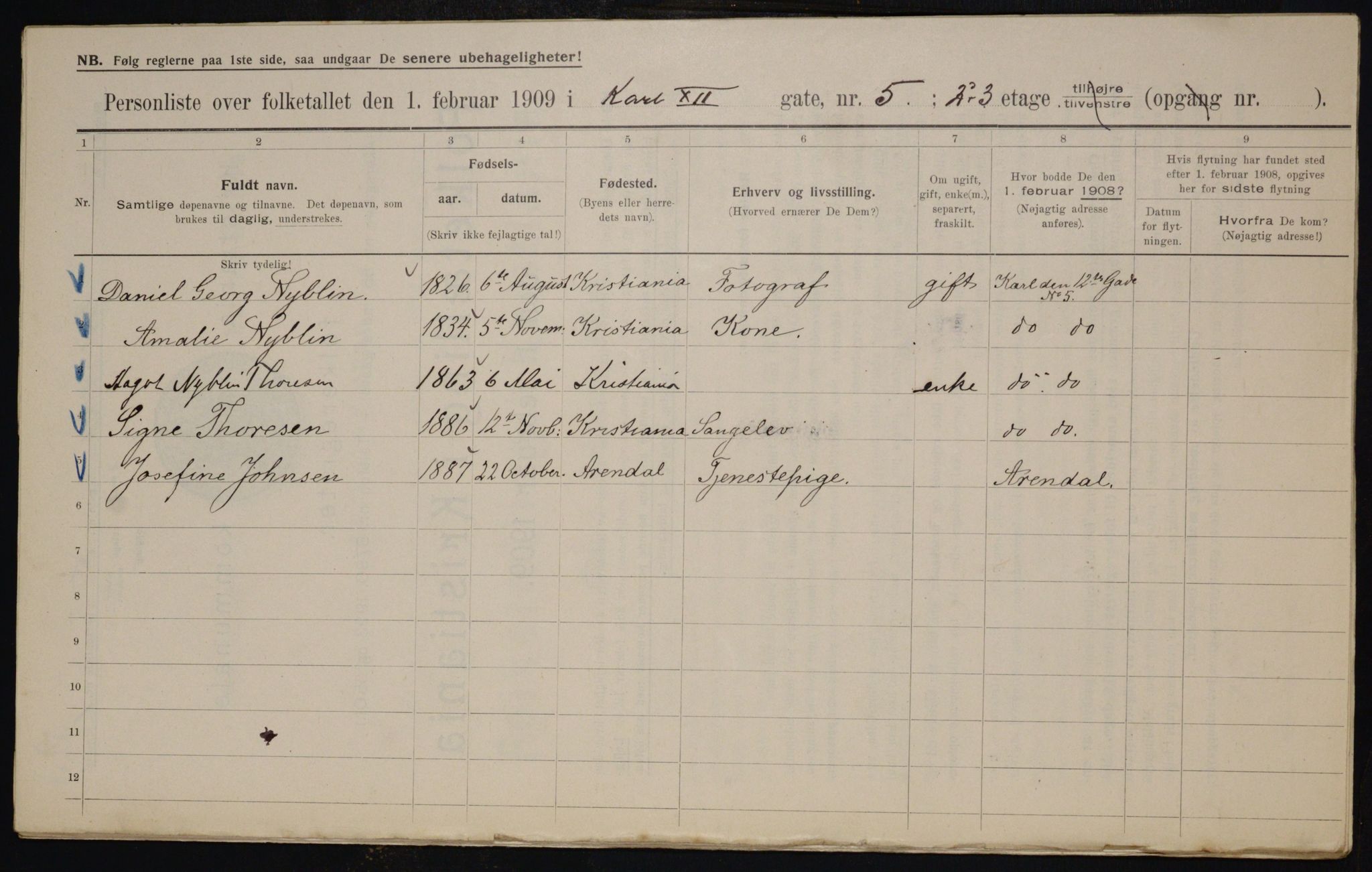 OBA, Municipal Census 1909 for Kristiania, 1909, p. 44103