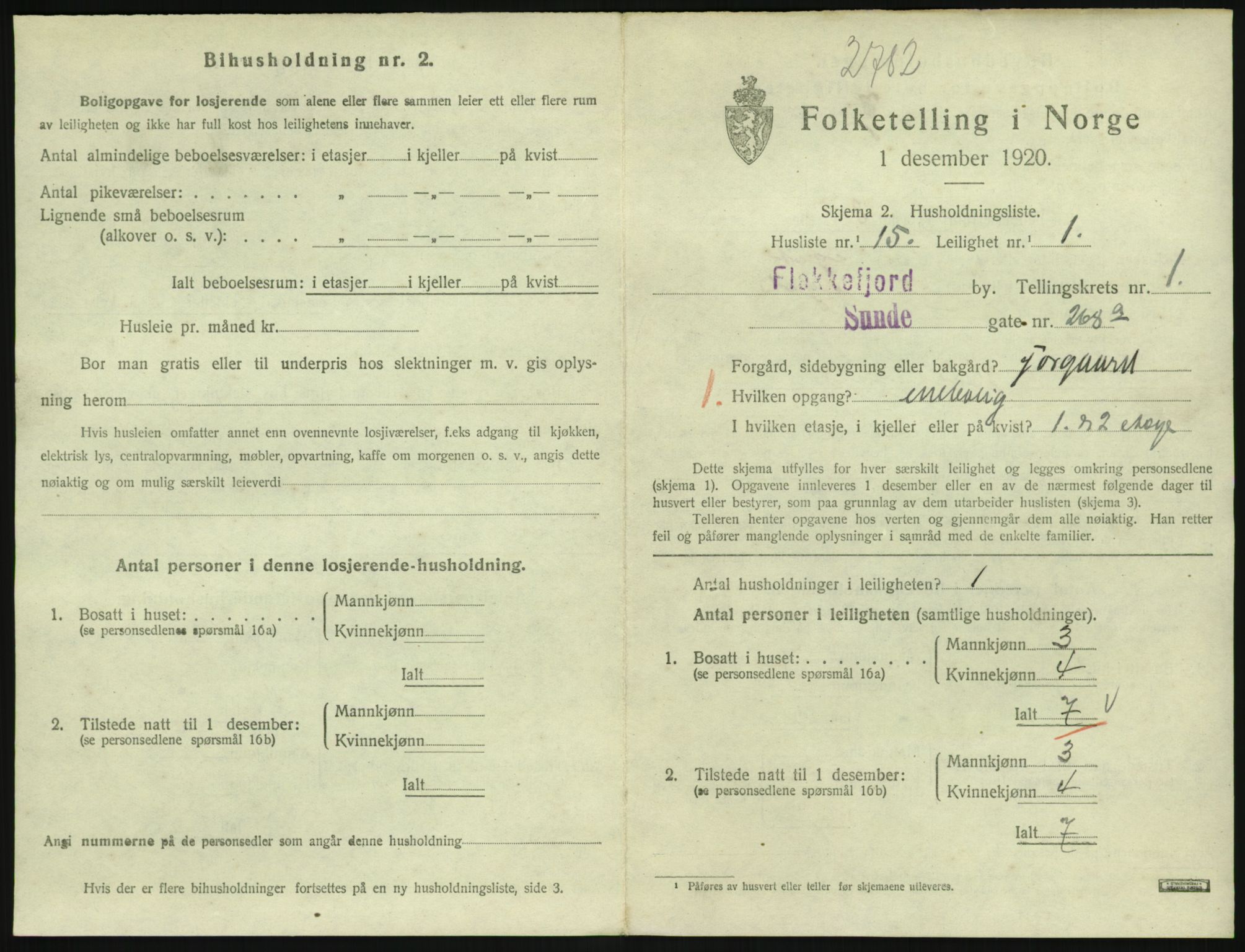 SAK, 1920 census for Flekkefjord, 1920, p. 836