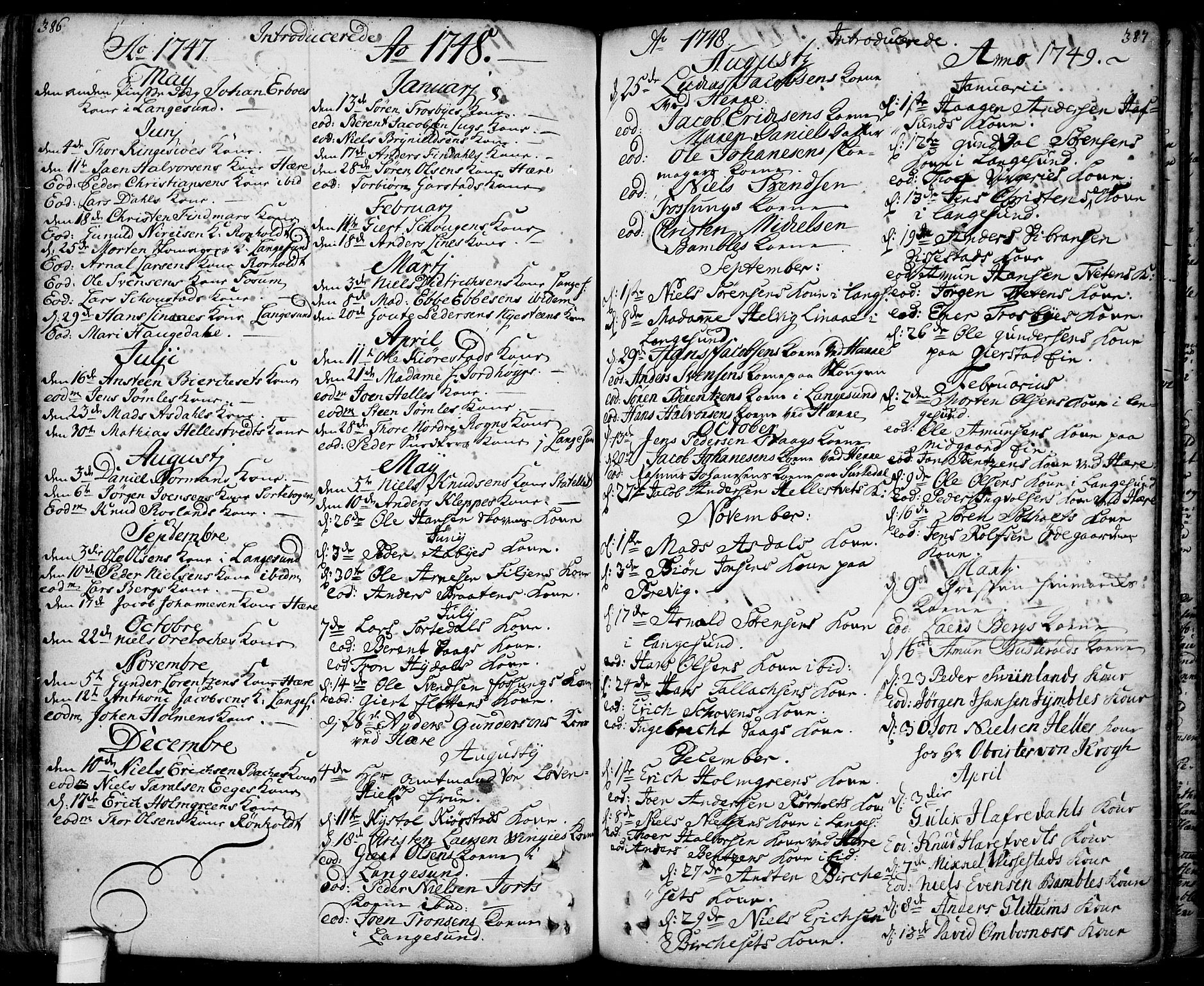Bamble kirkebøker, SAKO/A-253/F/Fa/L0001: Parish register (official) no. I 1, 1702-1774, p. 386-387
