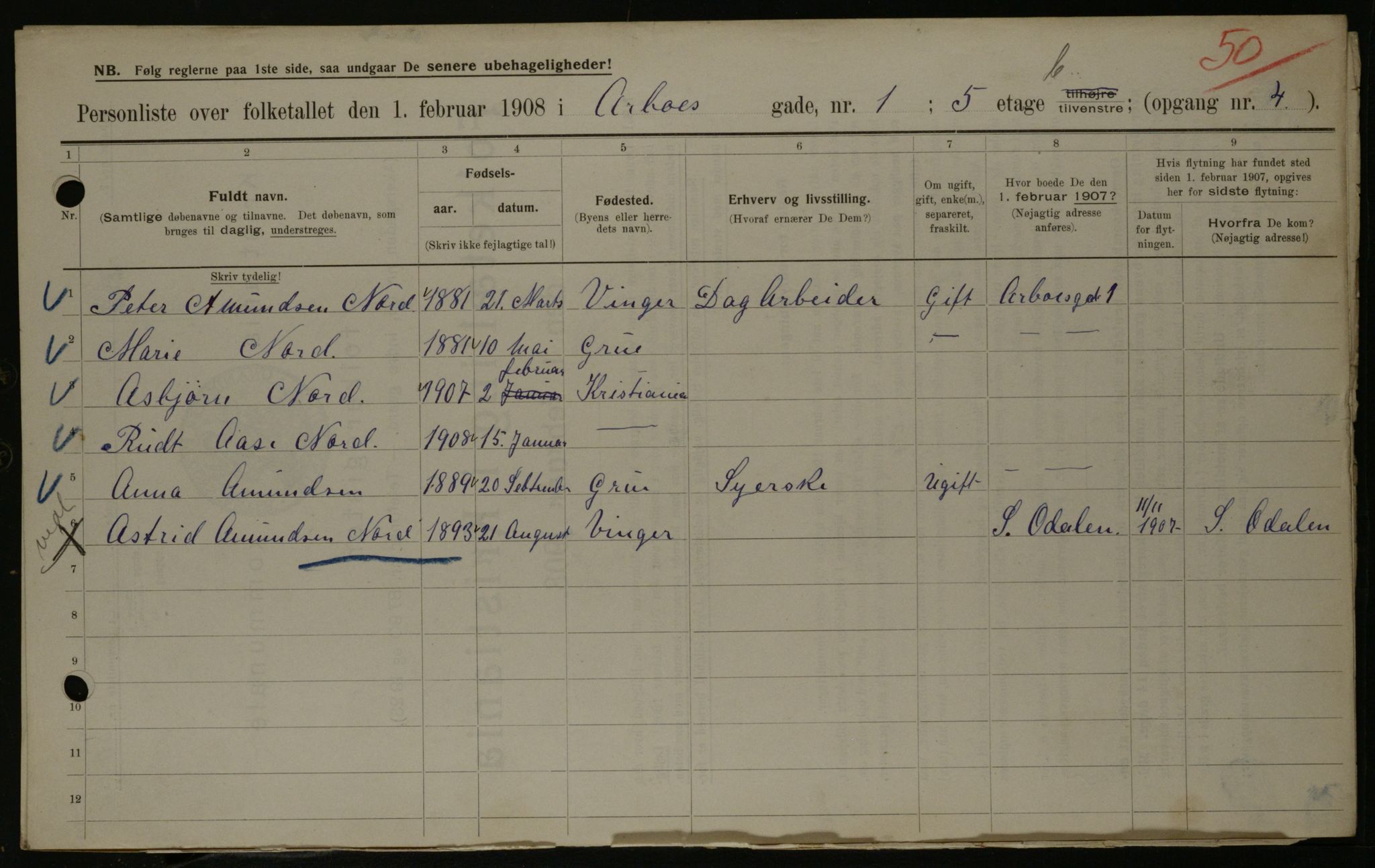 OBA, Municipal Census 1908 for Kristiania, 1908, p. 1996