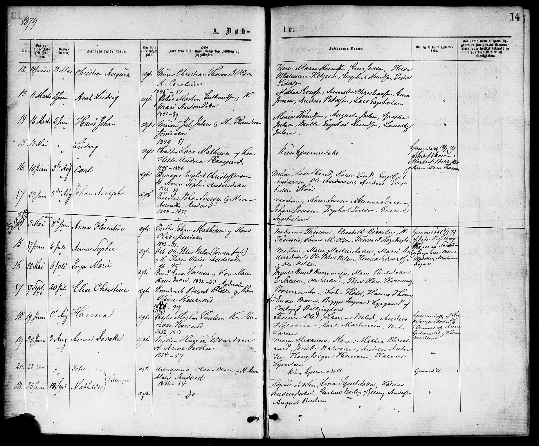 Hønefoss kirkebøker, AV/SAKO-A-609/F/Fa/L0001: Parish register (official) no. 1, 1875-1887, p. 14