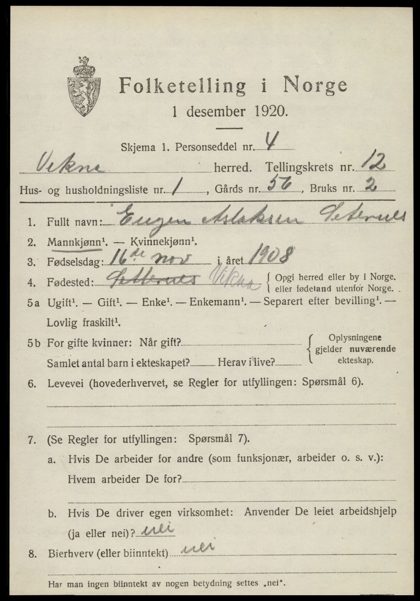 SAT, 1920 census for Vikna, 1920, p. 7721