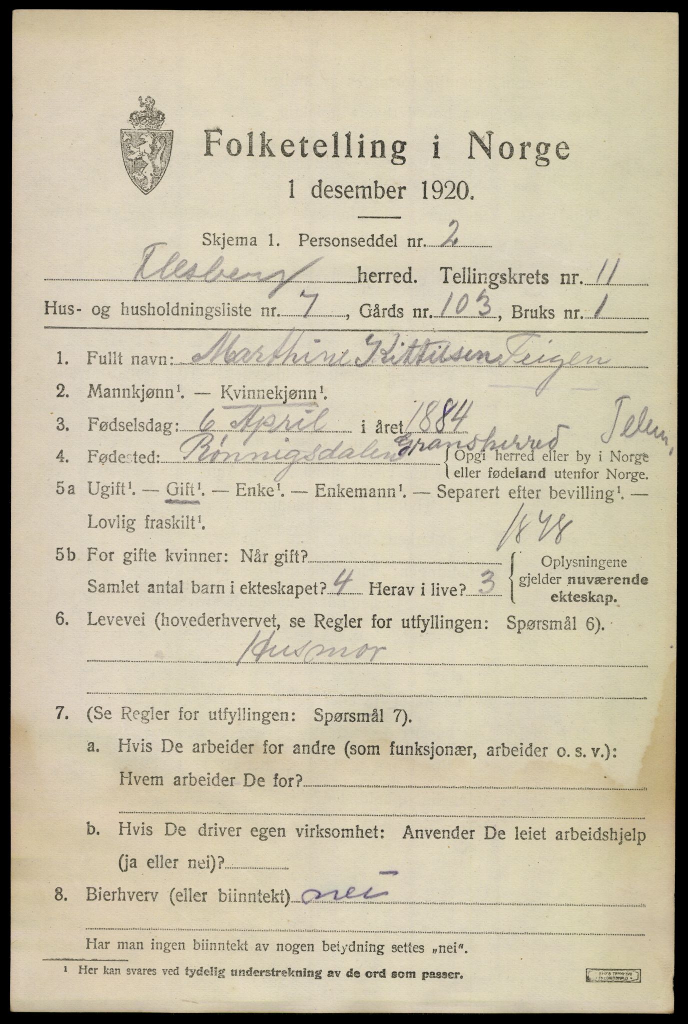 SAKO, 1920 census for Flesberg, 1920, p. 3773