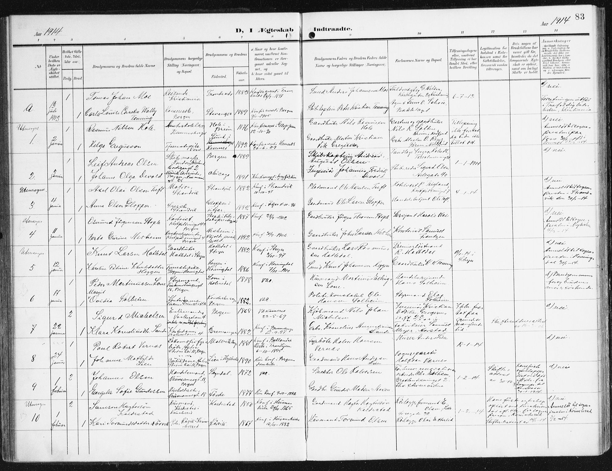 Domkirken sokneprestembete, SAB/A-74801/H/Haa/L0038: Parish register (official) no. D 5, 1906-1921, p. 83