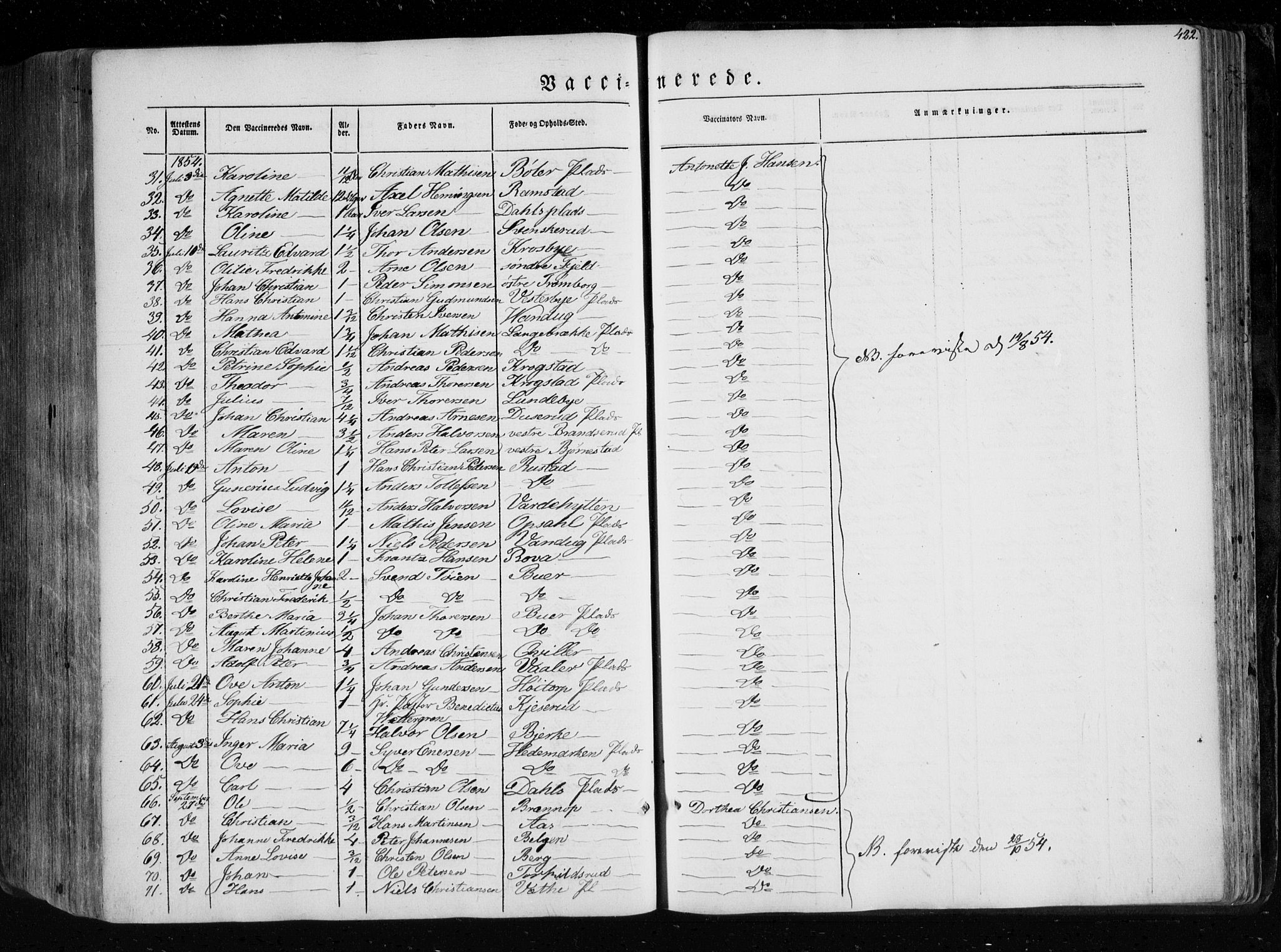 Eidsberg prestekontor Kirkebøker, SAO/A-10905/F/Fa/L0009: Parish register (official) no. I 9, 1849-1856, p. 422