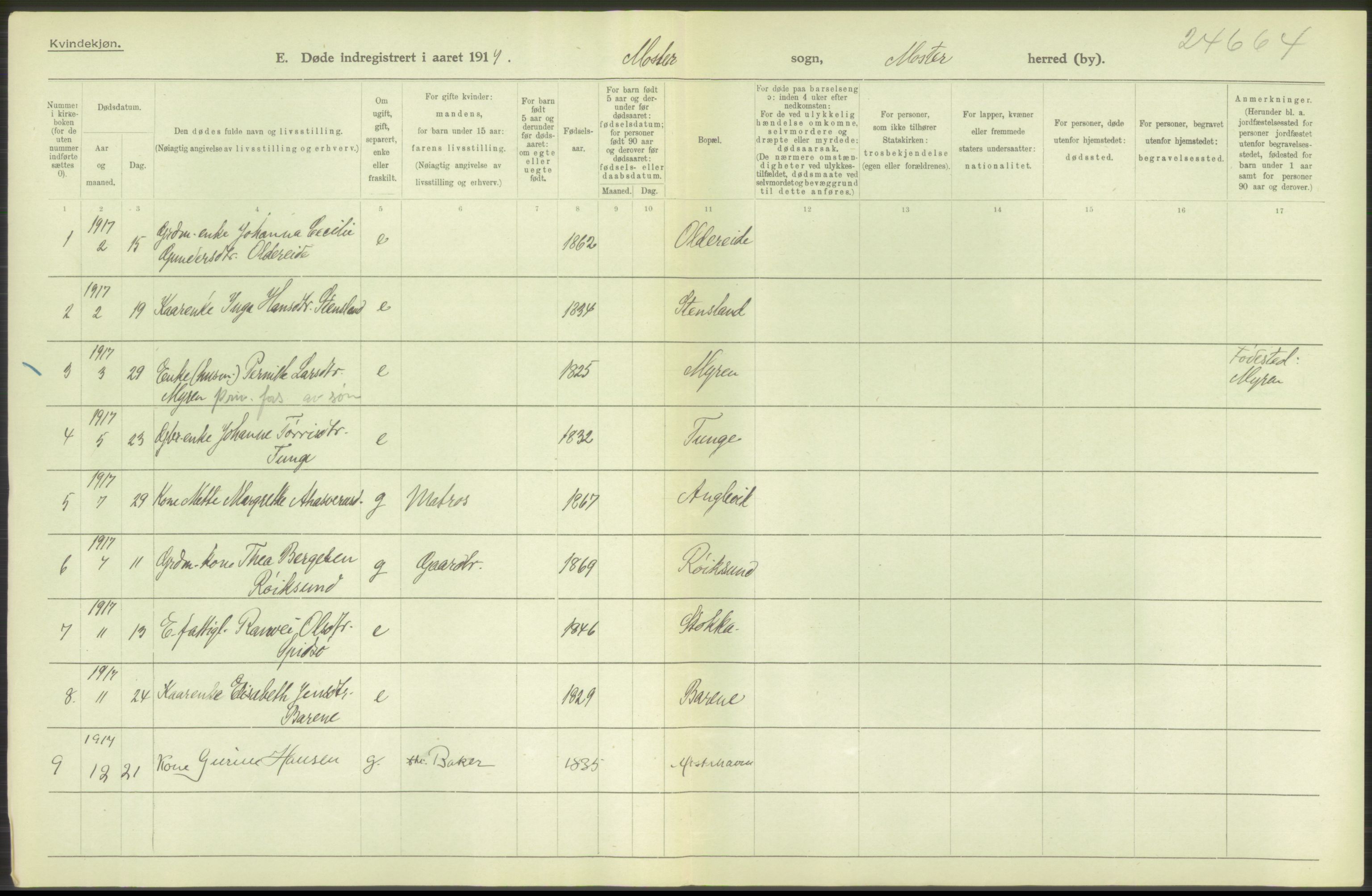 Statistisk sentralbyrå, Sosiodemografiske emner, Befolkning, RA/S-2228/D/Df/Dfb/Dfbg/L0036: S. Bergenhus amt: Døde, dødfødte. Bygder., 1917, p. 254