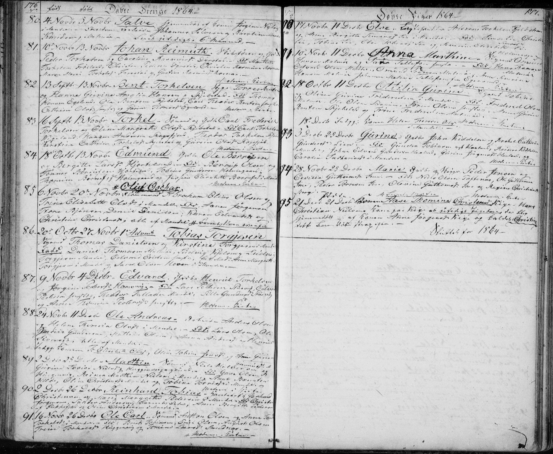 Mandal sokneprestkontor, AV/SAK-1111-0030/F/Fb/Fba/L0008: Parish register (copy) no. B 2, 1854-1868, p. 176-177