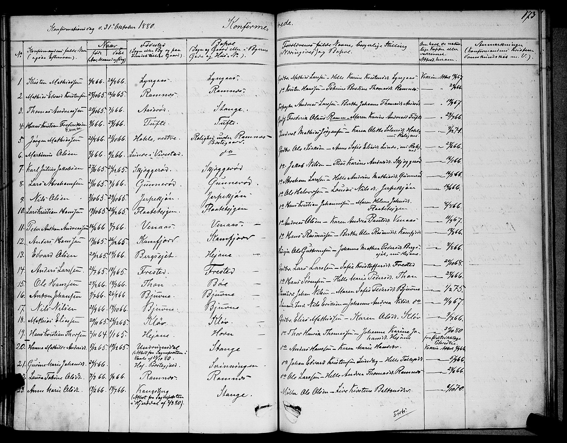 Ramnes kirkebøker, SAKO/A-314/G/Ga/L0003: Parish register (copy) no. I 3, 1870-1896, p. 173