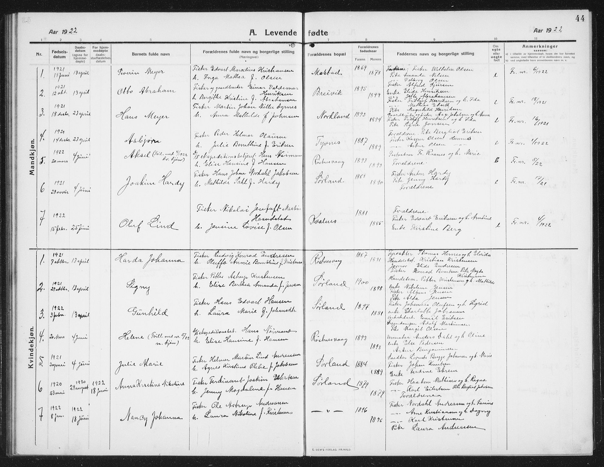 Ministerialprotokoller, klokkerbøker og fødselsregistre - Nordland, AV/SAT-A-1459/807/L0124: Parish register (copy) no. 807C02, 1910-1935, p. 44