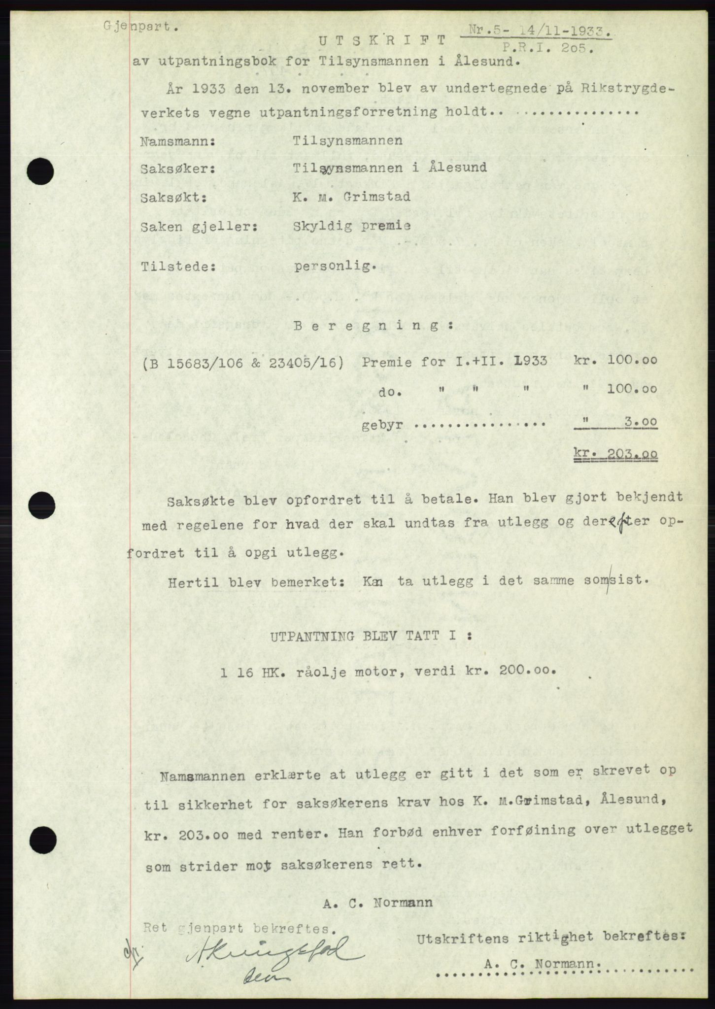 Ålesund byfogd, AV/SAT-A-4384: Mortgage book no. 31, 1933-1934, Deed date: 14.11.1933