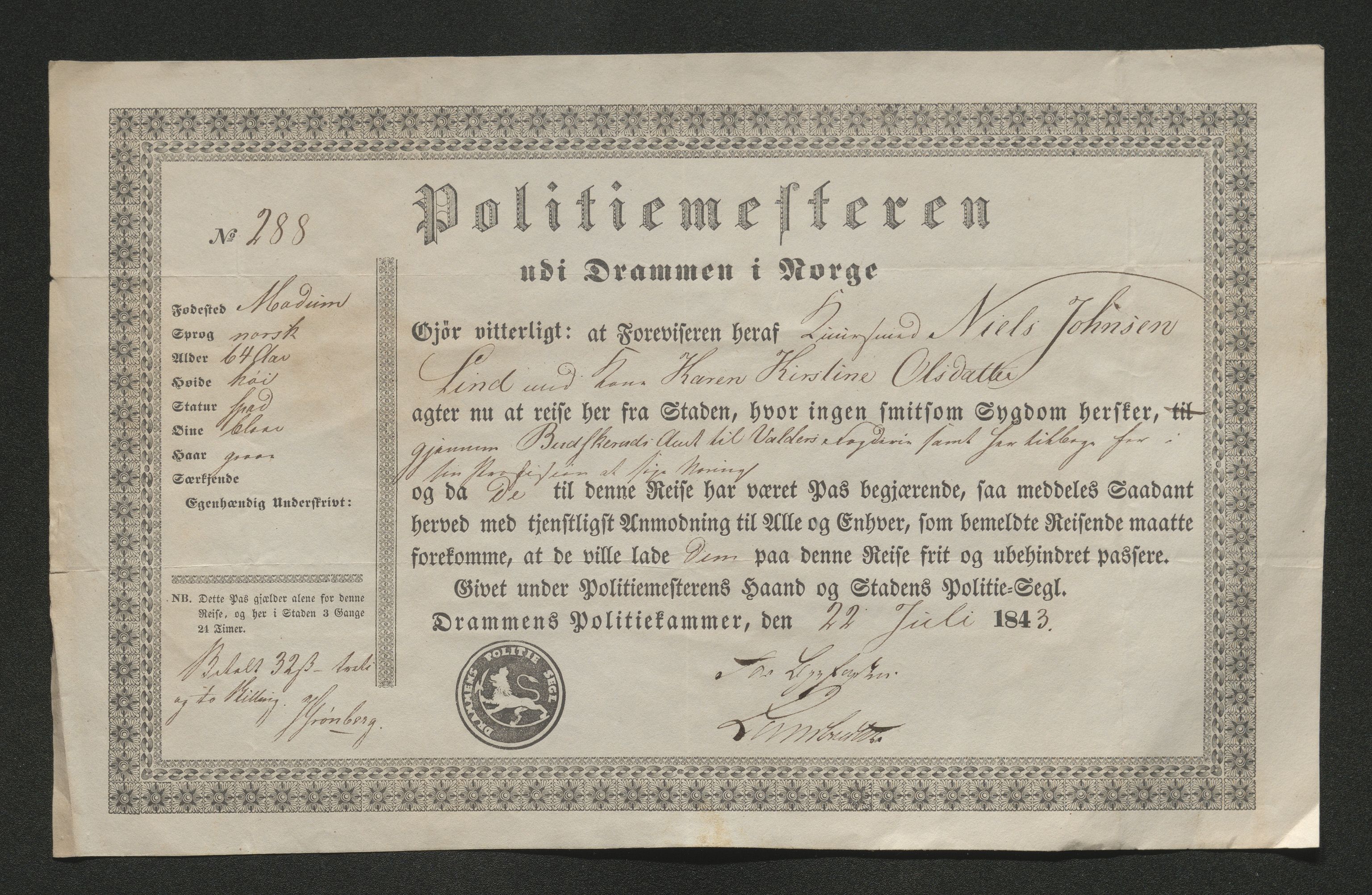 Drammen politikammer, SAKO/A-623/I/Ia/Iab/L0007: Innleverte pass, 1843-1844, p. 309