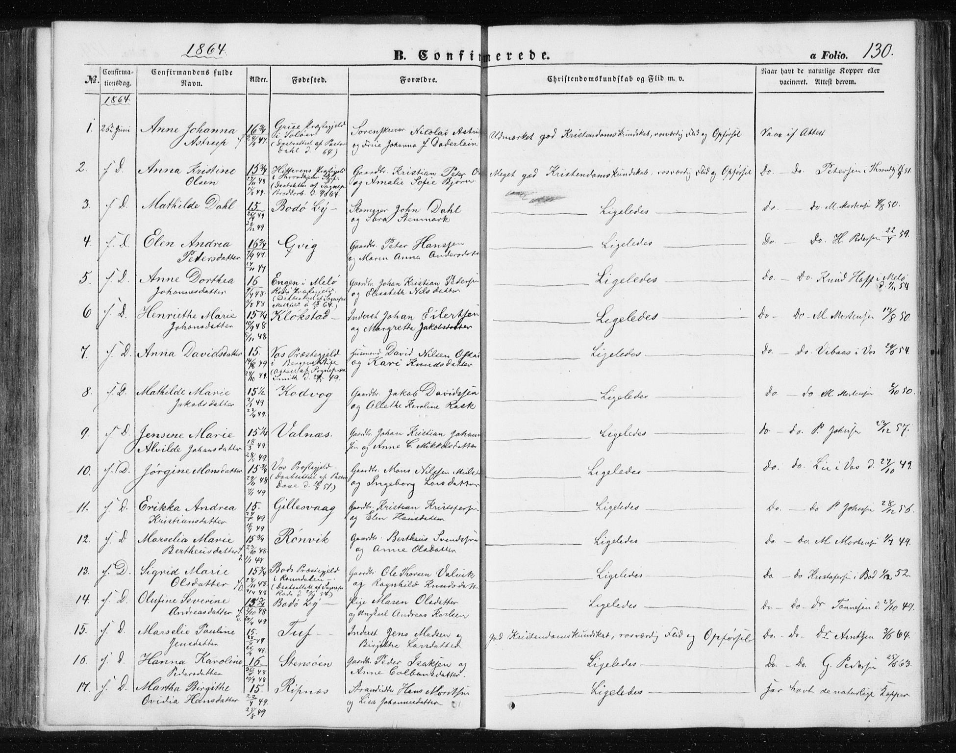 Ministerialprotokoller, klokkerbøker og fødselsregistre - Nordland, AV/SAT-A-1459/801/L0028: Parish register (copy) no. 801C03, 1855-1867, p. 130