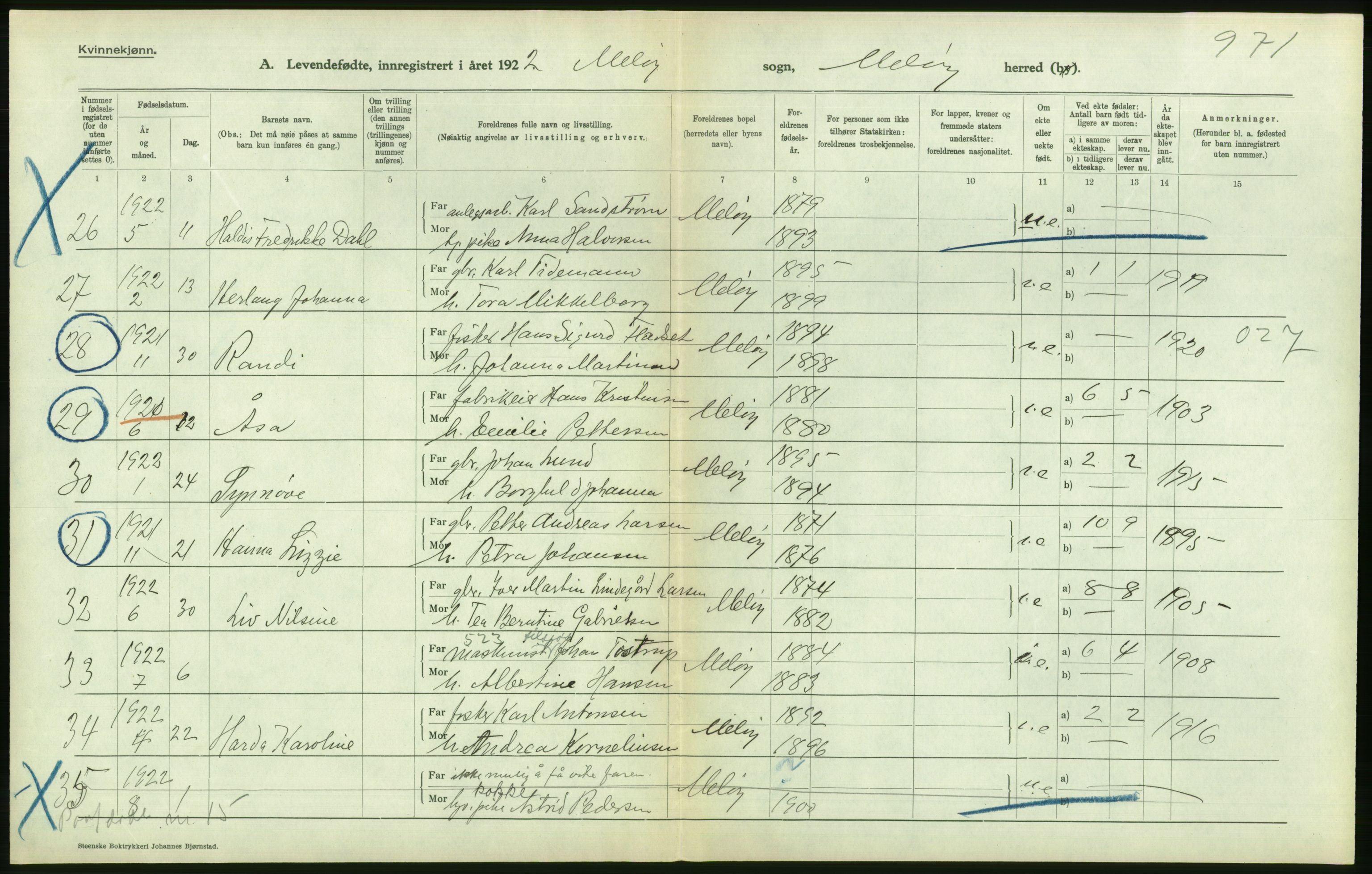 Statistisk sentralbyrå, Sosiodemografiske emner, Befolkning, RA/S-2228/D/Df/Dfc/Dfcb/L0044: Nordland fylke: Levendefødte menn og kvinner. Bygder og byer., 1922, p. 474