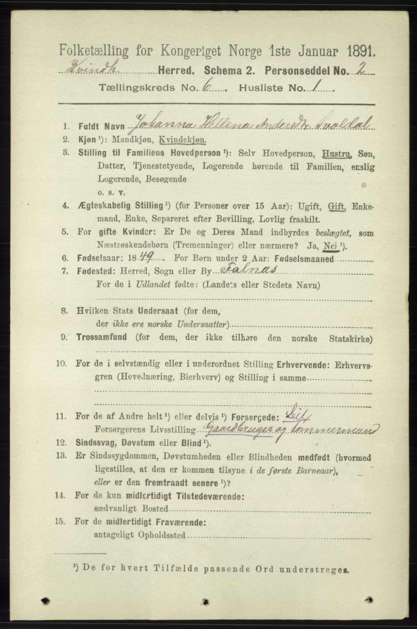 RA, 1891 census for 1224 Kvinnherad, 1891, p. 2122