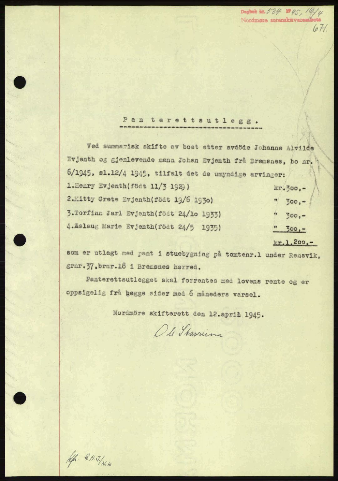 Nordmøre sorenskriveri, AV/SAT-A-4132/1/2/2Ca: Mortgage book no. B92, 1944-1945, Diary no: : 534/1945