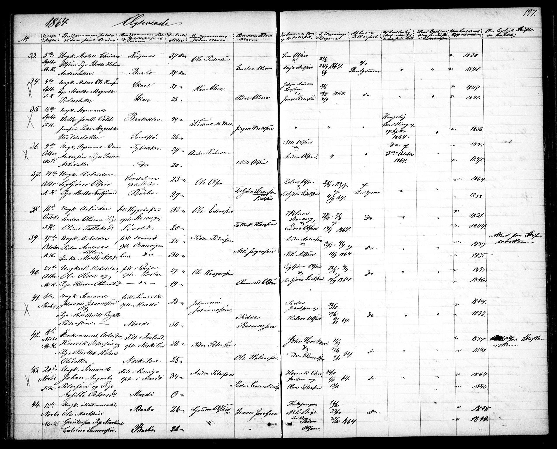 Tromøy sokneprestkontor, SAK/1111-0041/F/Fb/L0003: Parish register (copy) no. B 3, 1859-1868, p. 197