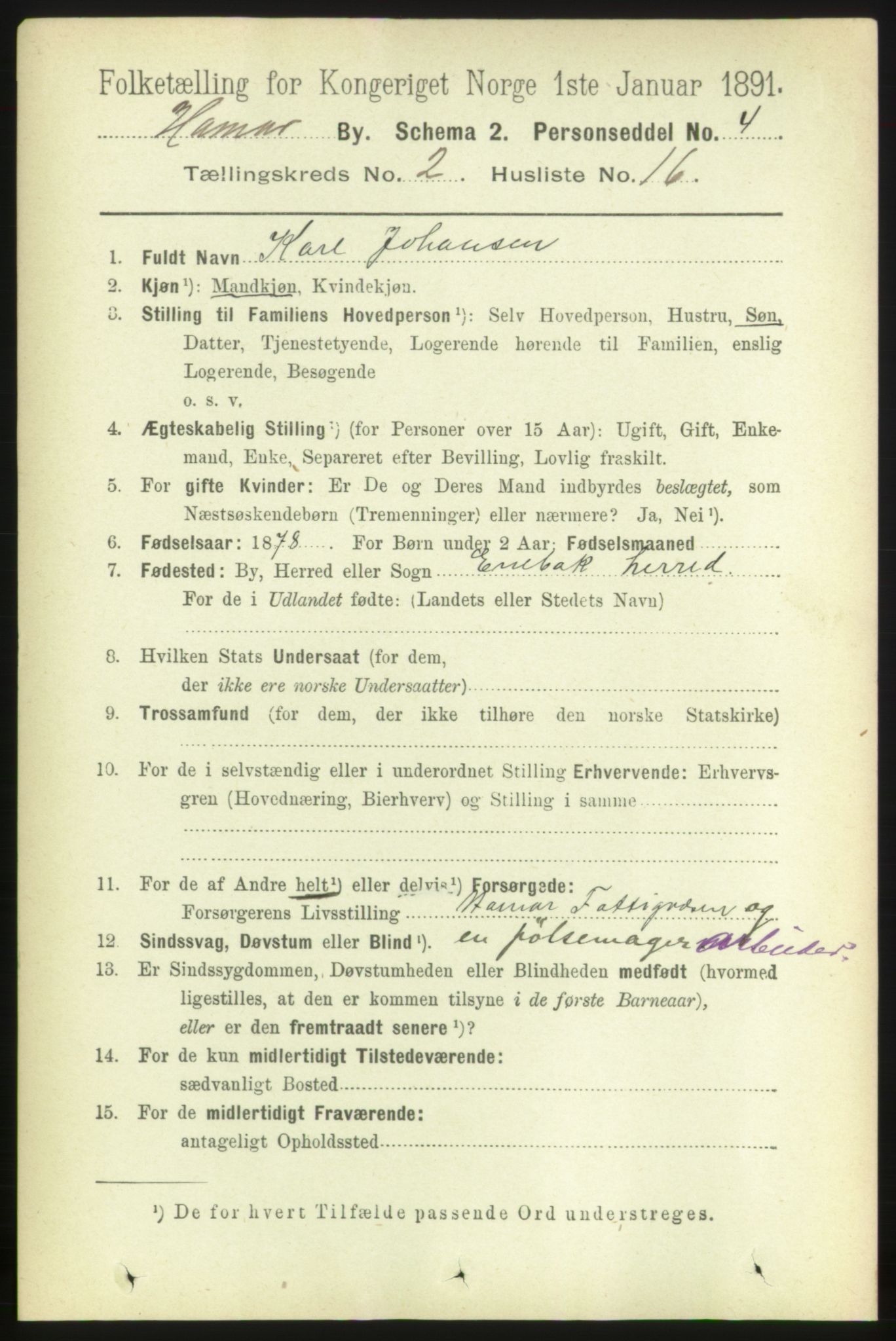 RA, 1891 census for 0401 Hamar, 1891, p. 1201