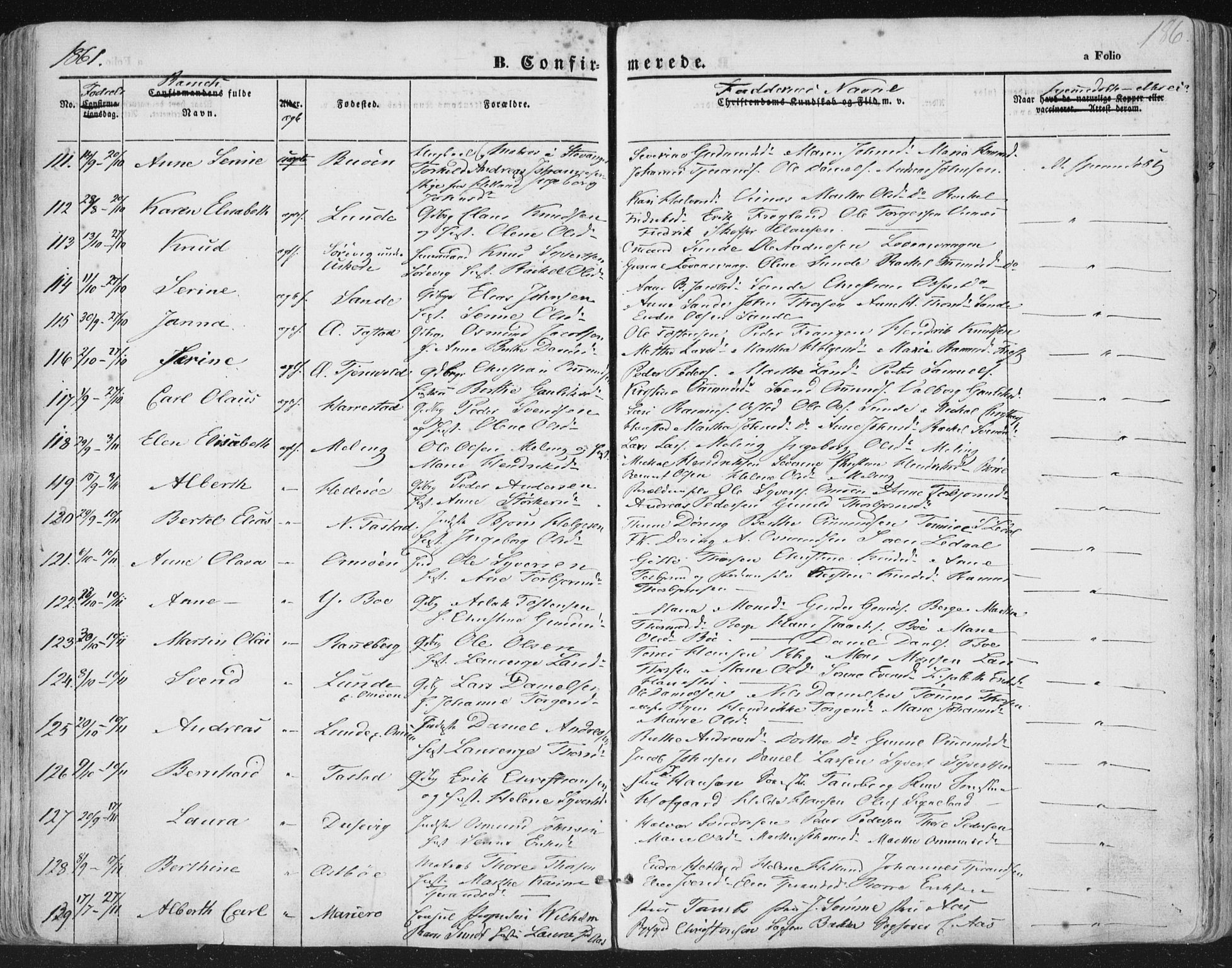 Hetland sokneprestkontor, AV/SAST-A-101826/30/30BA/L0002: Parish register (official) no. A 2, 1849-1869, p. 186