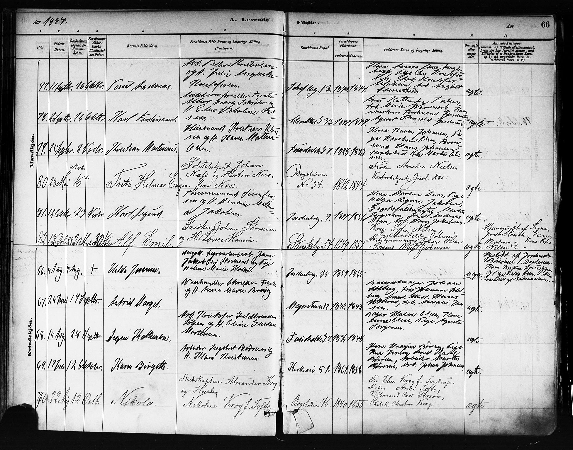 Uranienborg prestekontor Kirkebøker, SAO/A-10877/F/Fa/L0001: Parish register (official) no. 1, 1880-1895, p. 66