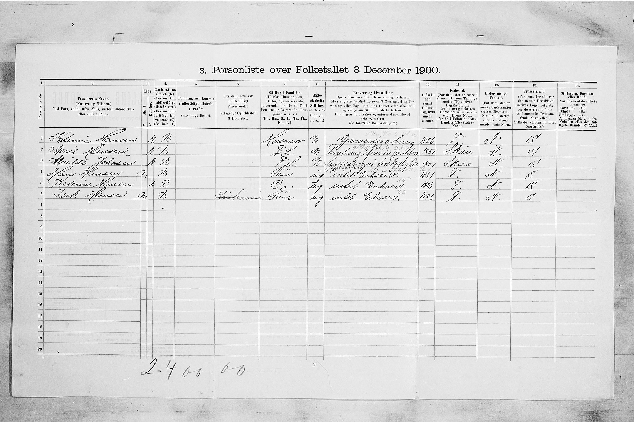 RA, 1900 census for Sandefjord, 1900, p. 1003