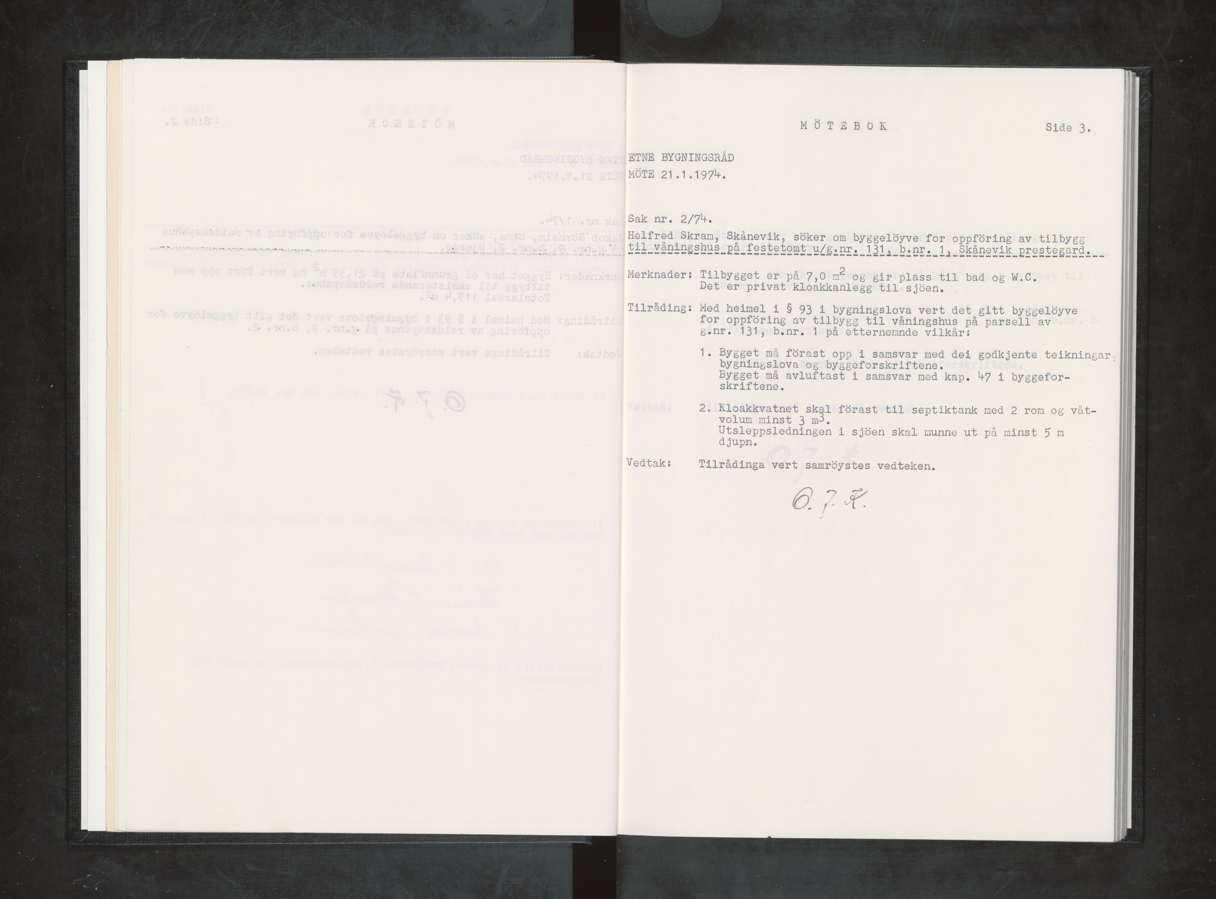 Etne kommune. Bygningsrådet, IKAH/1211-511/A/Aa/L0007: Møtebok Etne bygningsråd I, 1974