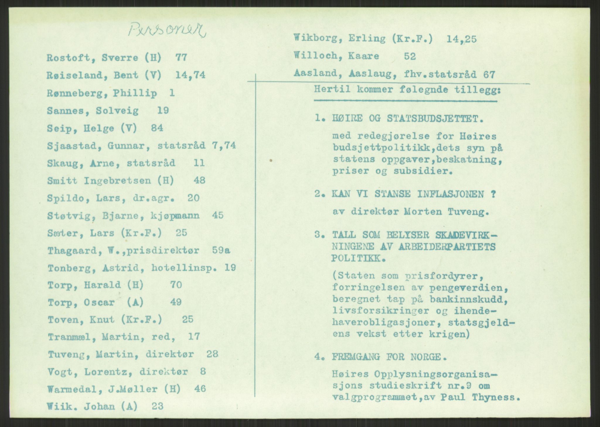 Høyres Hovedorganisasjon, AV/RA-PA-0583/1/D/Dd/L0131: 21 Stortinget/23 Statsministeren. Regjeringen, 1951-1965, p. 5